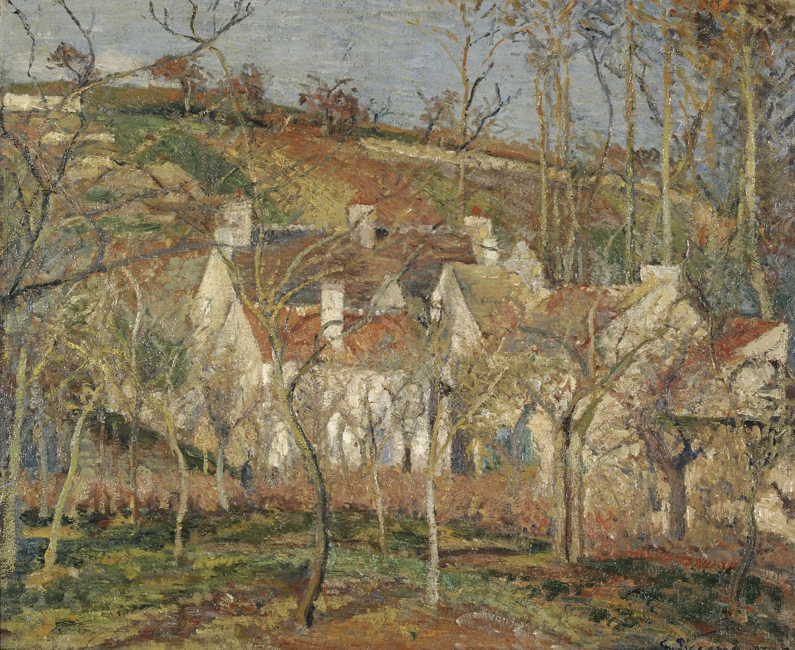 Red Roofs Corner Of A Village Winter Wall Art by Camille Pissarro - Canvas Print
