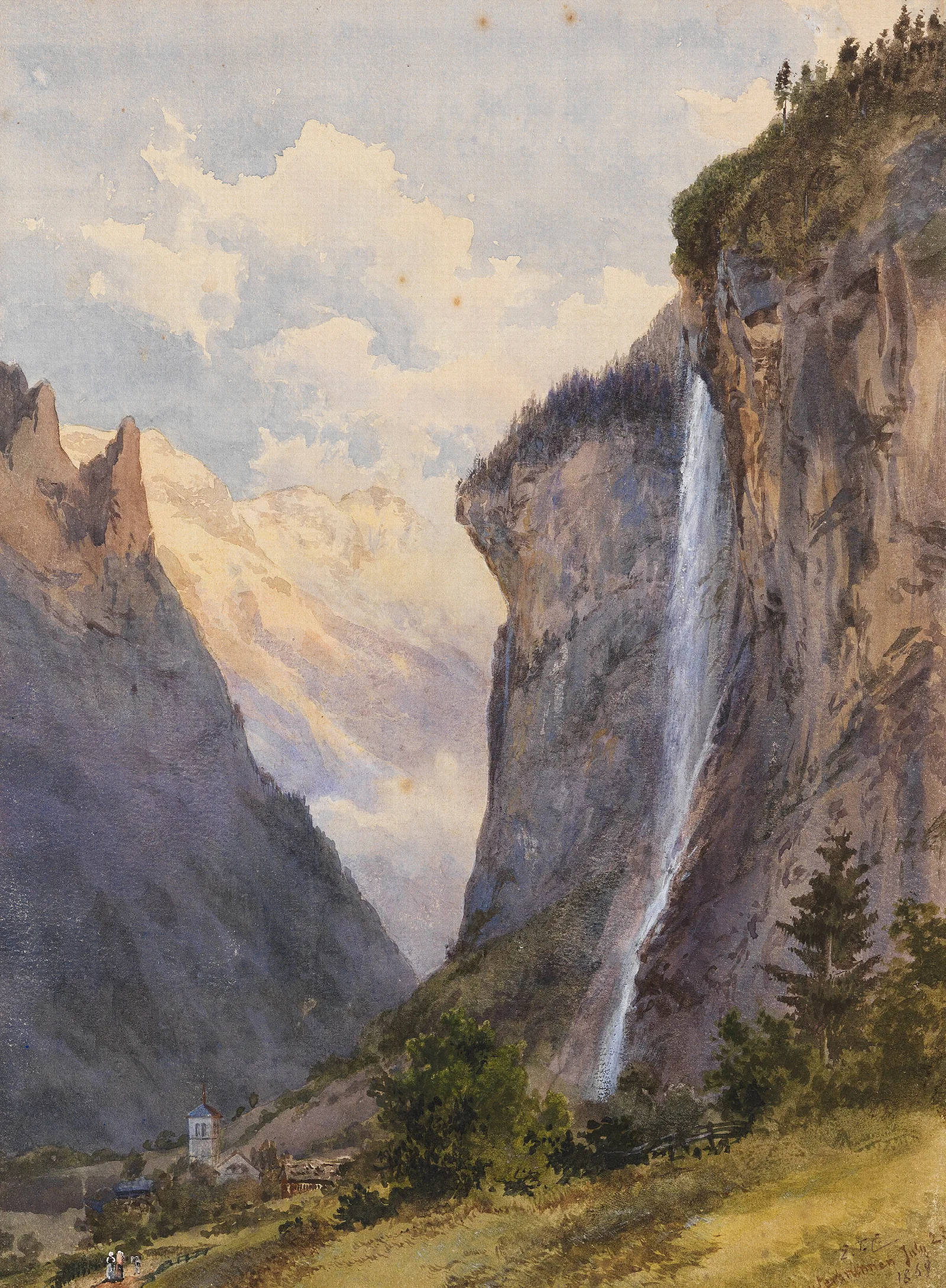 Der Staubbachfall In Lauterbrunnen Schweiz Wall Art by Edward Theodore Compton - Canvas Print