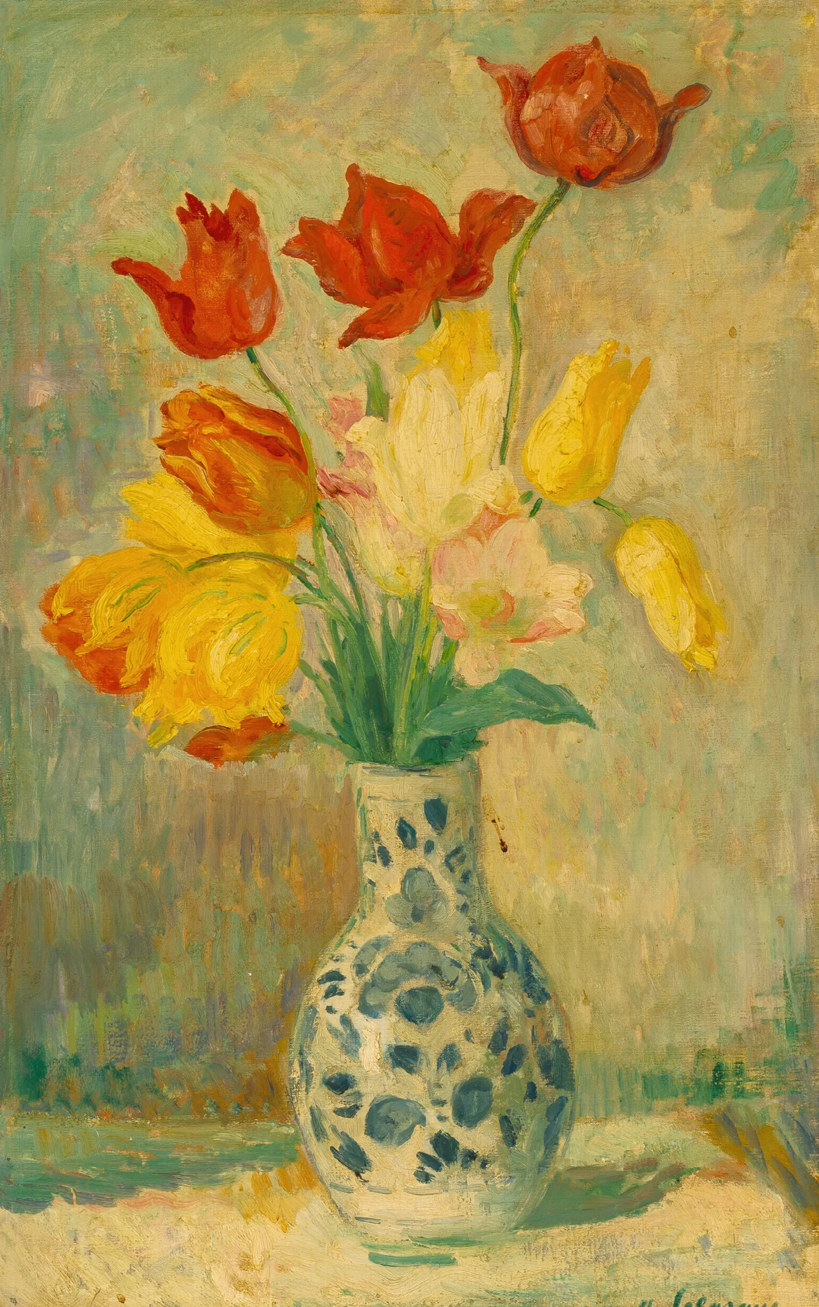 Tulips In A Delftware Vase Wall Art by Henri Lebasque - Canvas Print