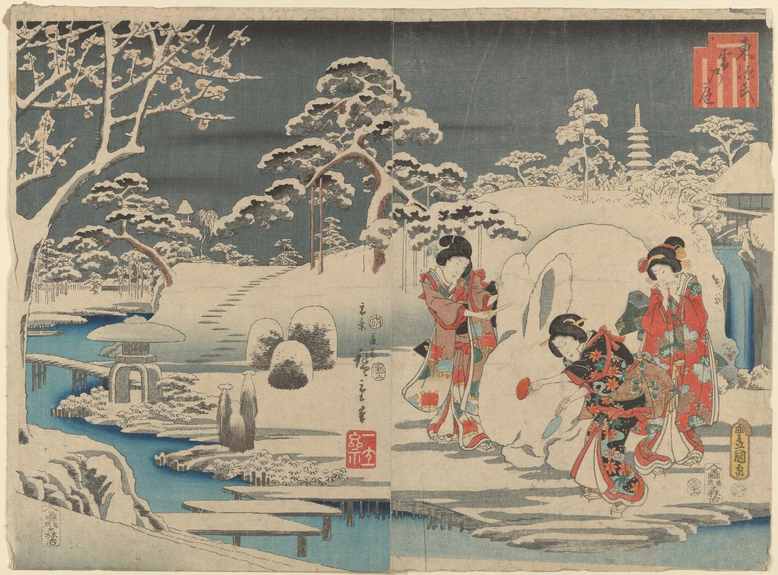 Three Women Making A Snow Rabbit In A Garden Wall Art by Utagawa Hiroshige - Canvas Print
