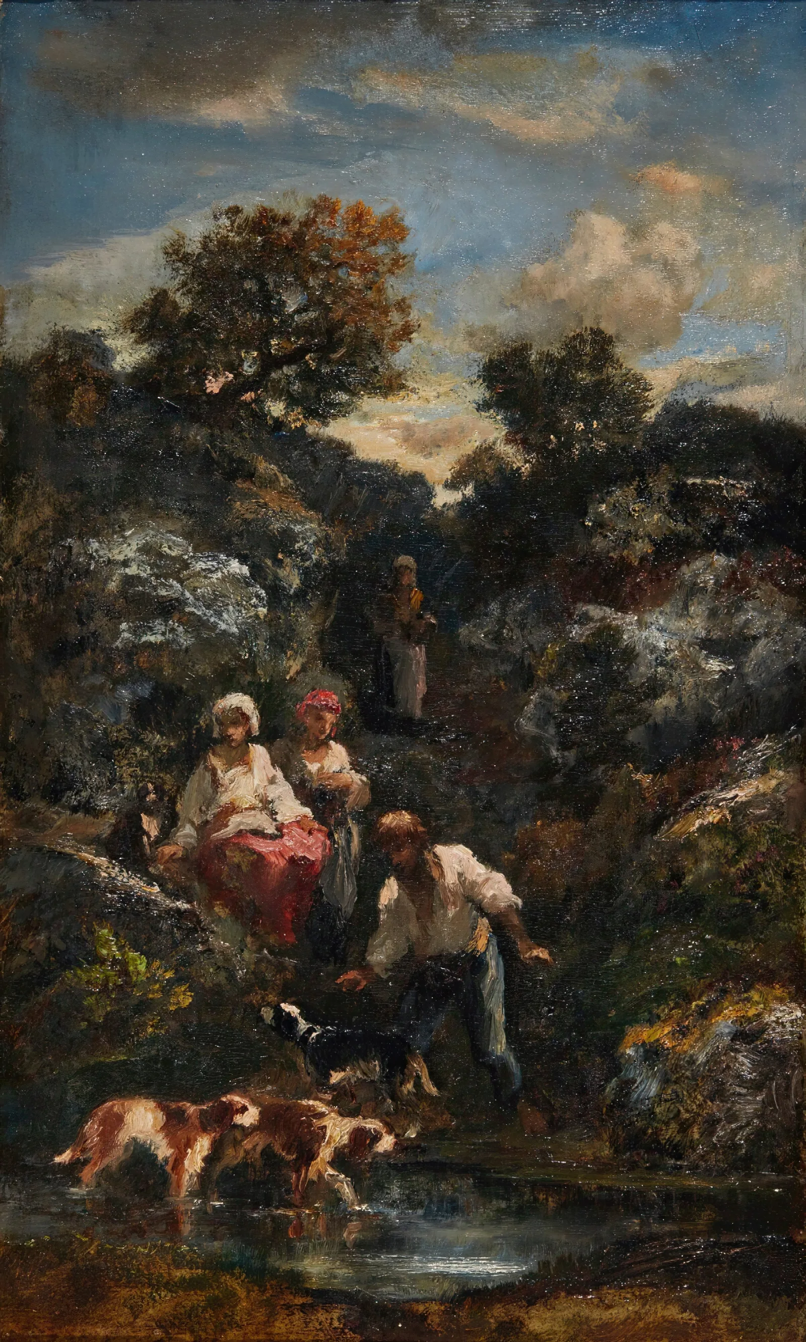 Quatre Bohemiens Et Chiens Une Mare Pres De Rochers Wall Art by Narcisse-Virgile Diaz de La Peña - Canvas Print