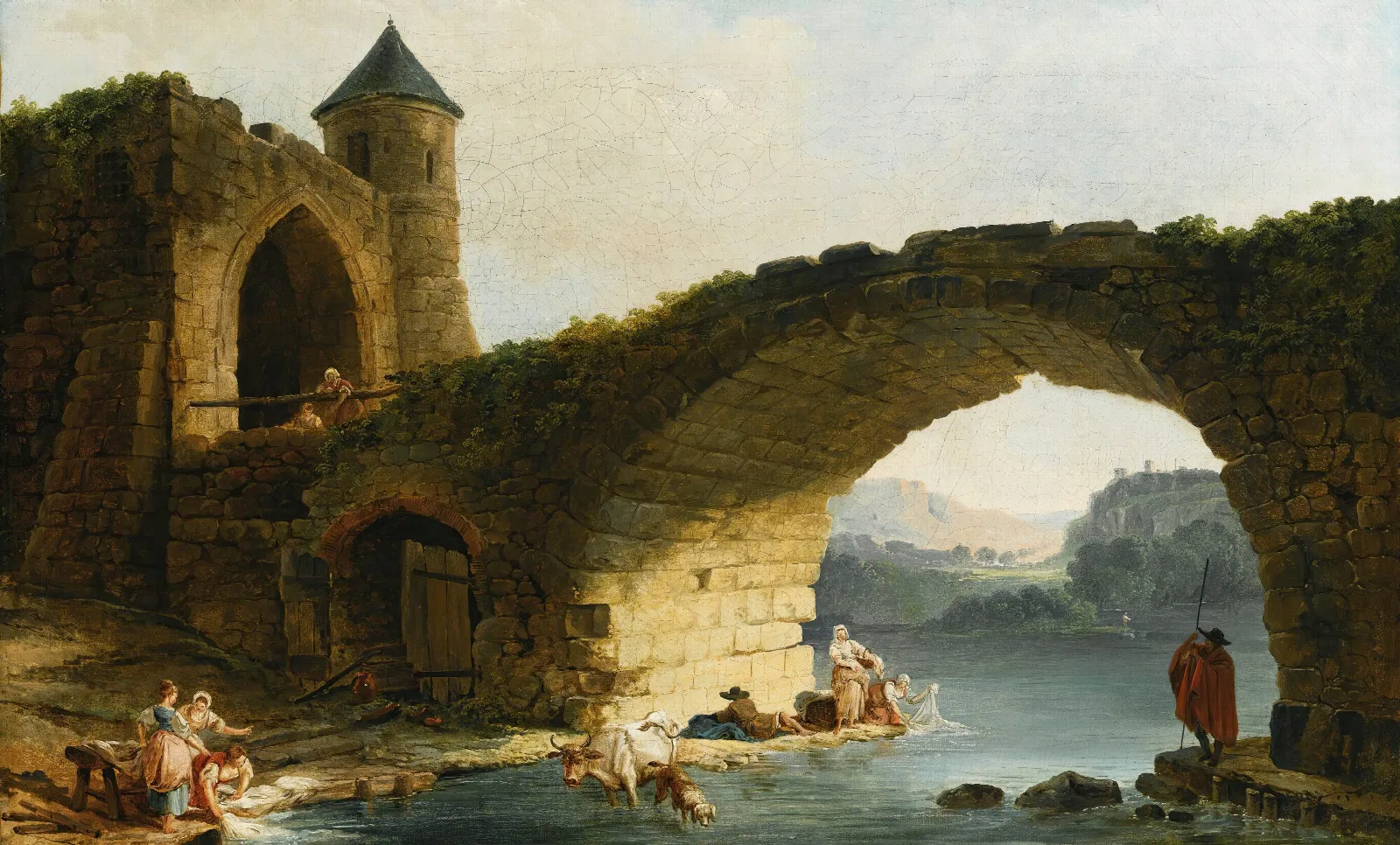 A Capriccio River Landscape With Washerwomen Near A Ruined Bridge Wall Art by Hubert Robert - Canvas Print