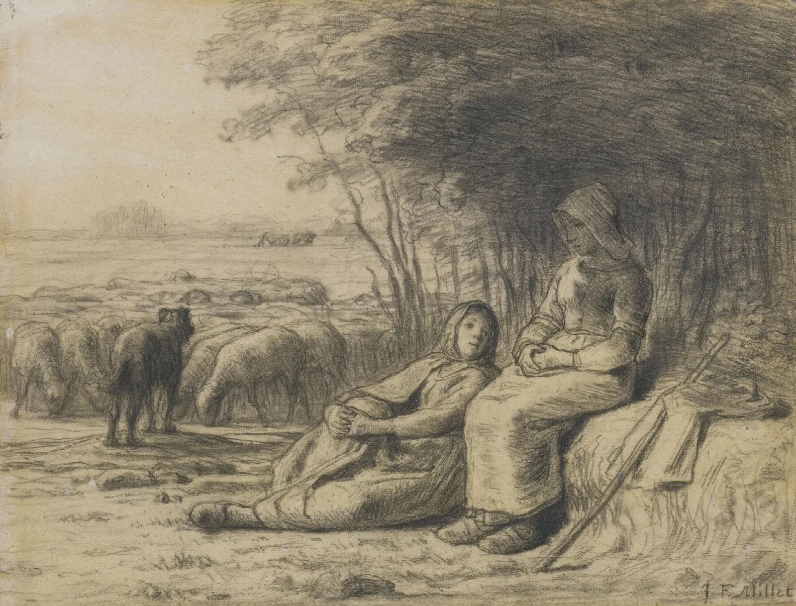 Two Shepherdesses And Their Flock Wall Art by Jean-François Millet - Canvas Print