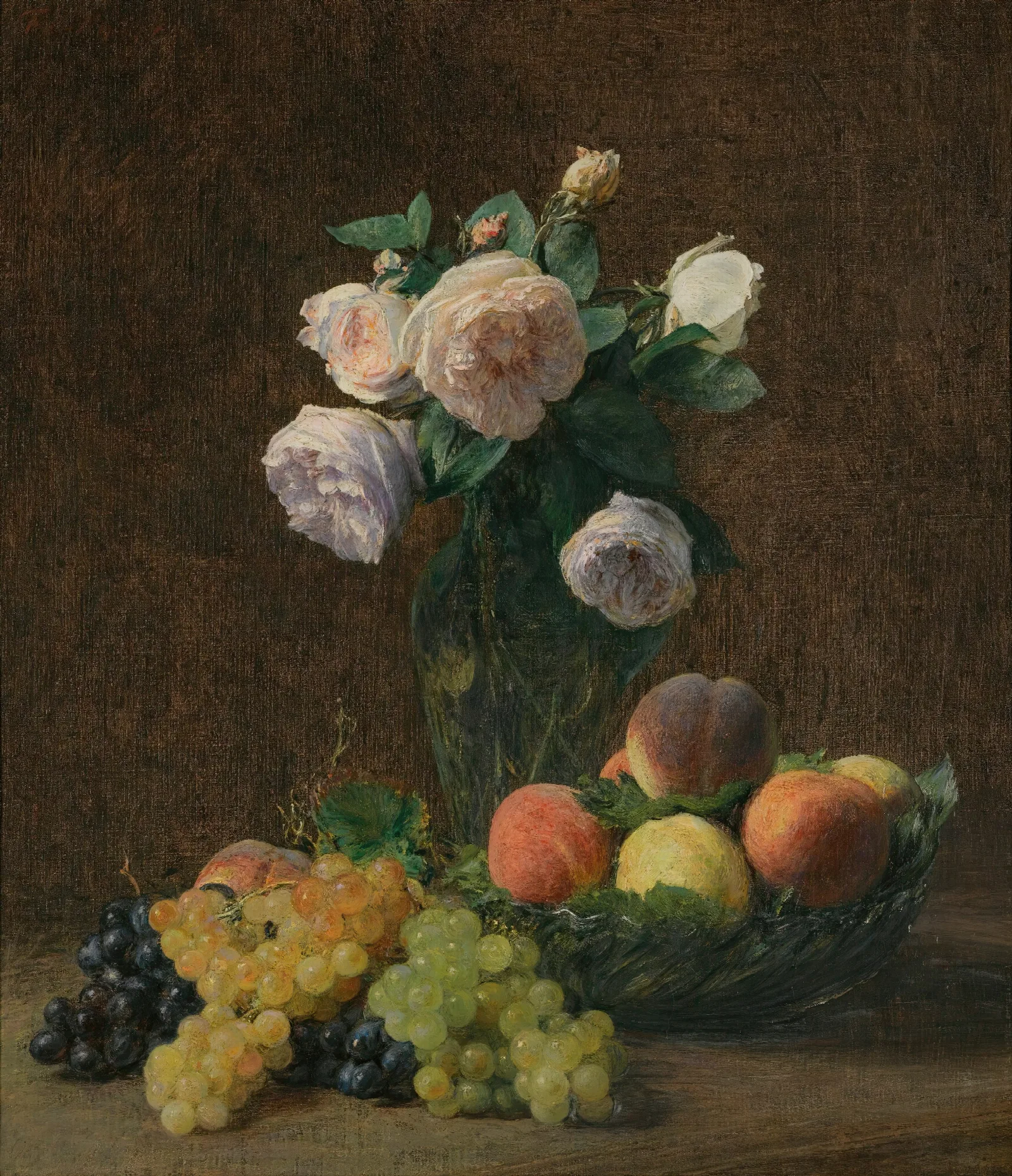 Nature Morte Vase De Roses Peches Et Raisins Wall Art by Henri Fantin-Latour - Canvas Print