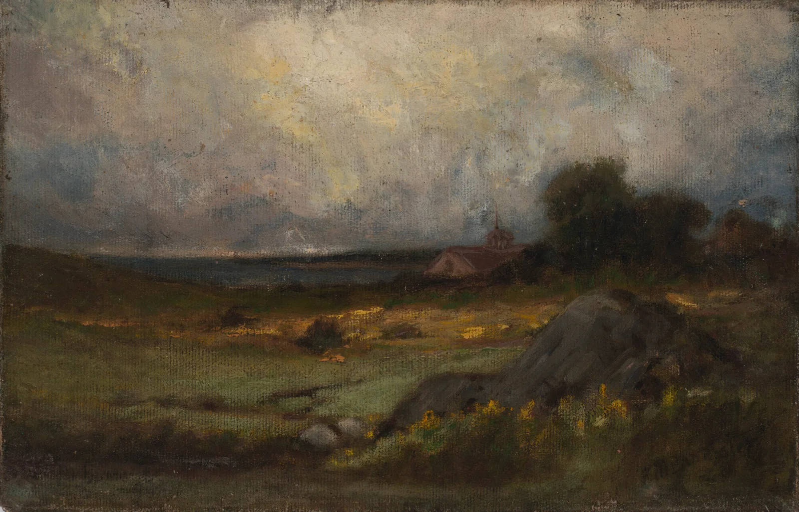 Landscape Landscape With Rock In Foreground And Roof With Steeple Lake In Background by Edward Mitchell Bannister (1891) Wall Art by Edward Mitchell Bannister - Canvas Print