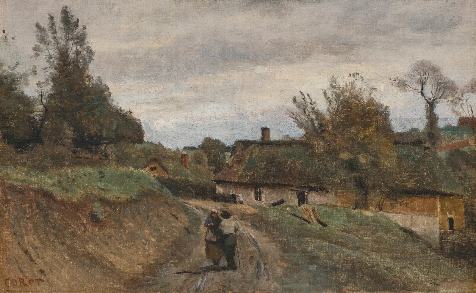 Gouvieux Paysan Et Paysanne Chemin Et Village De Chaumieres Wall Art by Jean-Baptiste-Camille Corot - Canvas Print