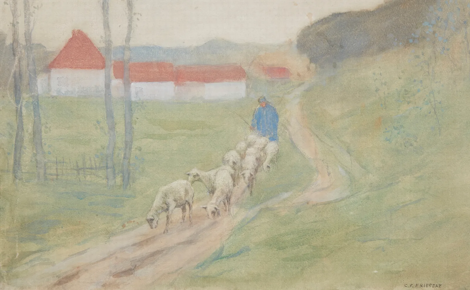 Leading The Sheep Wall Art by Frederick Carl Frieseke - Canvas Print