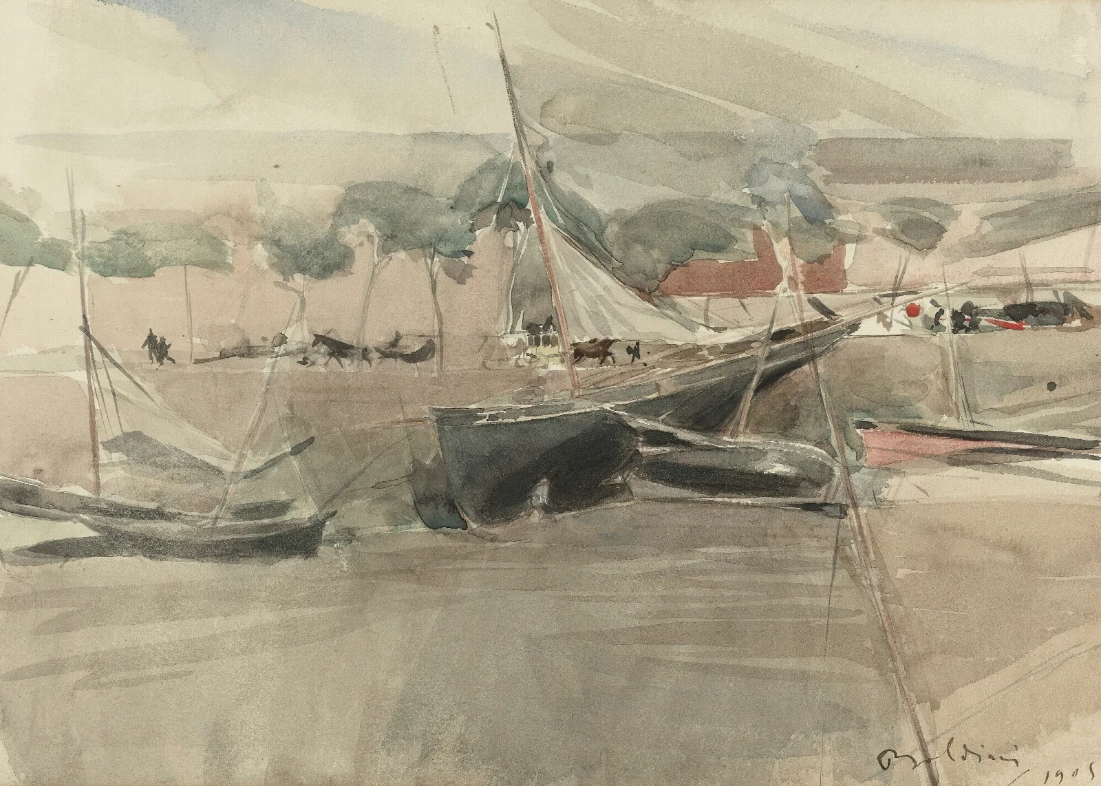Moored Boats Wall Art by Giovanni Boldini - Canvas Print