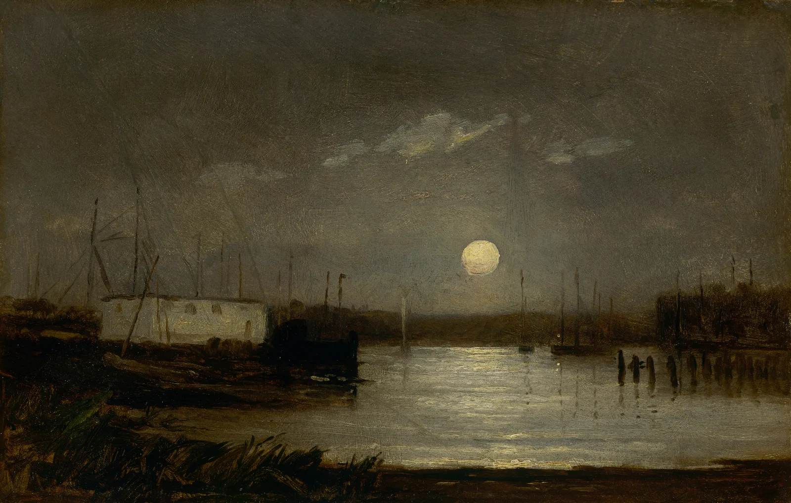Landscape Moon Over A Harbor Wharf Scene With Full Moon And Masts Of Boats by Edward Mitchell Bannister (1891) Wall Art by Edward Mitchell Bannister - Canvas Print