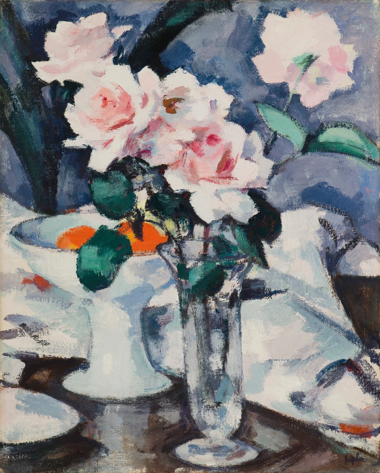 Pink Roses In A Glass Vase Wall Art by Samuel John Peploe - Canvas Print