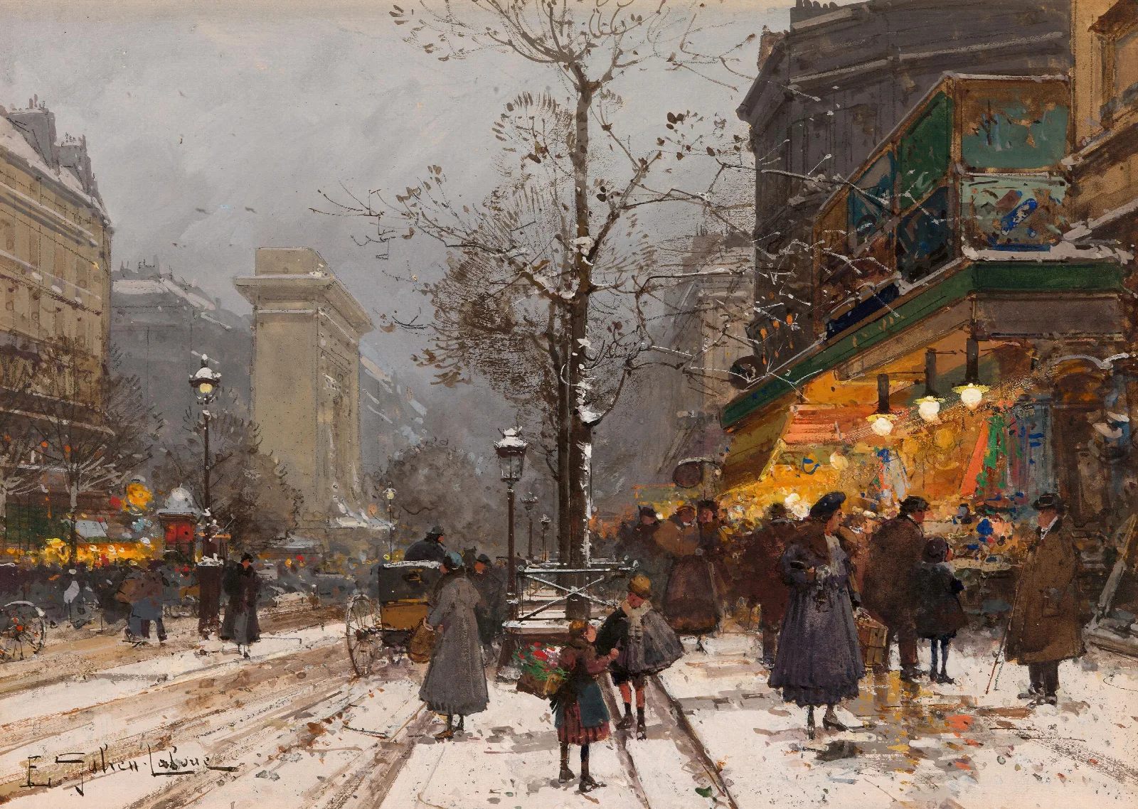 Boulevard Bonne Nouvelle Sous La Neige Wall Art by Eugène Galien-Laloue - Canvas Print