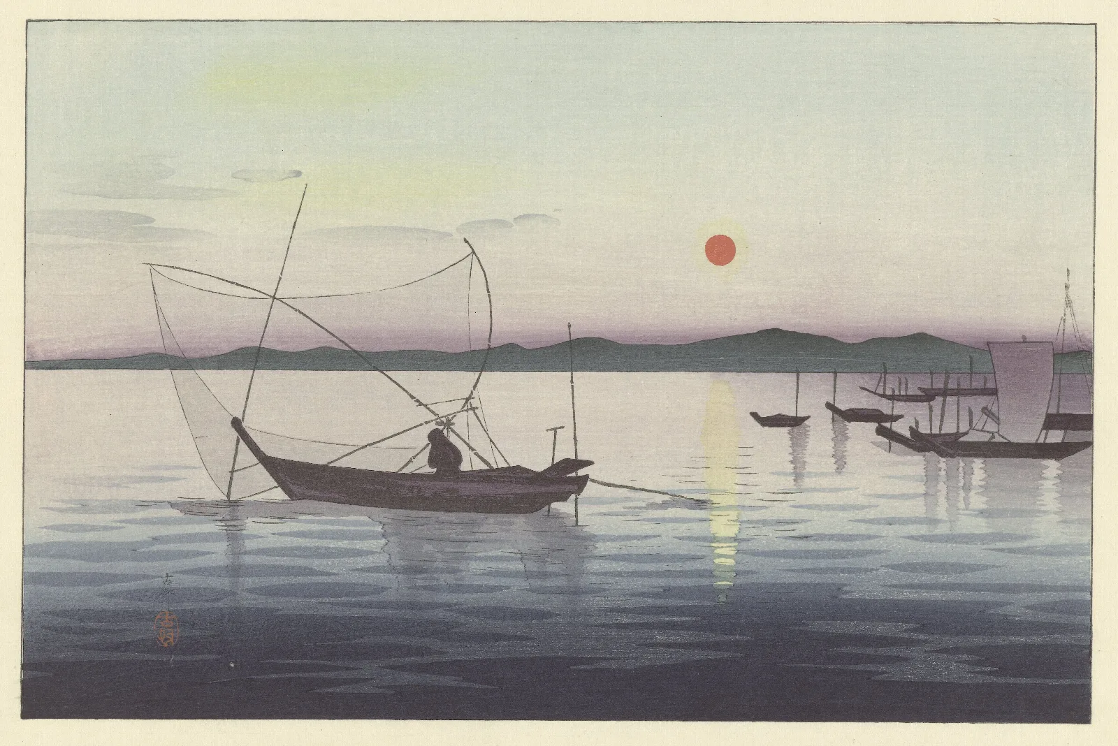 Boats And Setting Sun Wall Art by Ohara Koson - Canvas Print