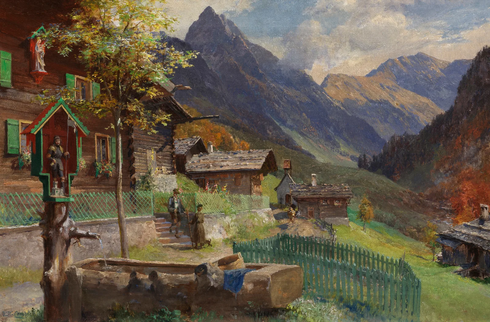 Gerstruben Am Dorfbrunnen Mit Blick Auf Die Hofats Dorfbrunnen Mit Einem Andachtsbild Des Hl Florian Wall Art by Edward Theodore Compton - Canvas Print
