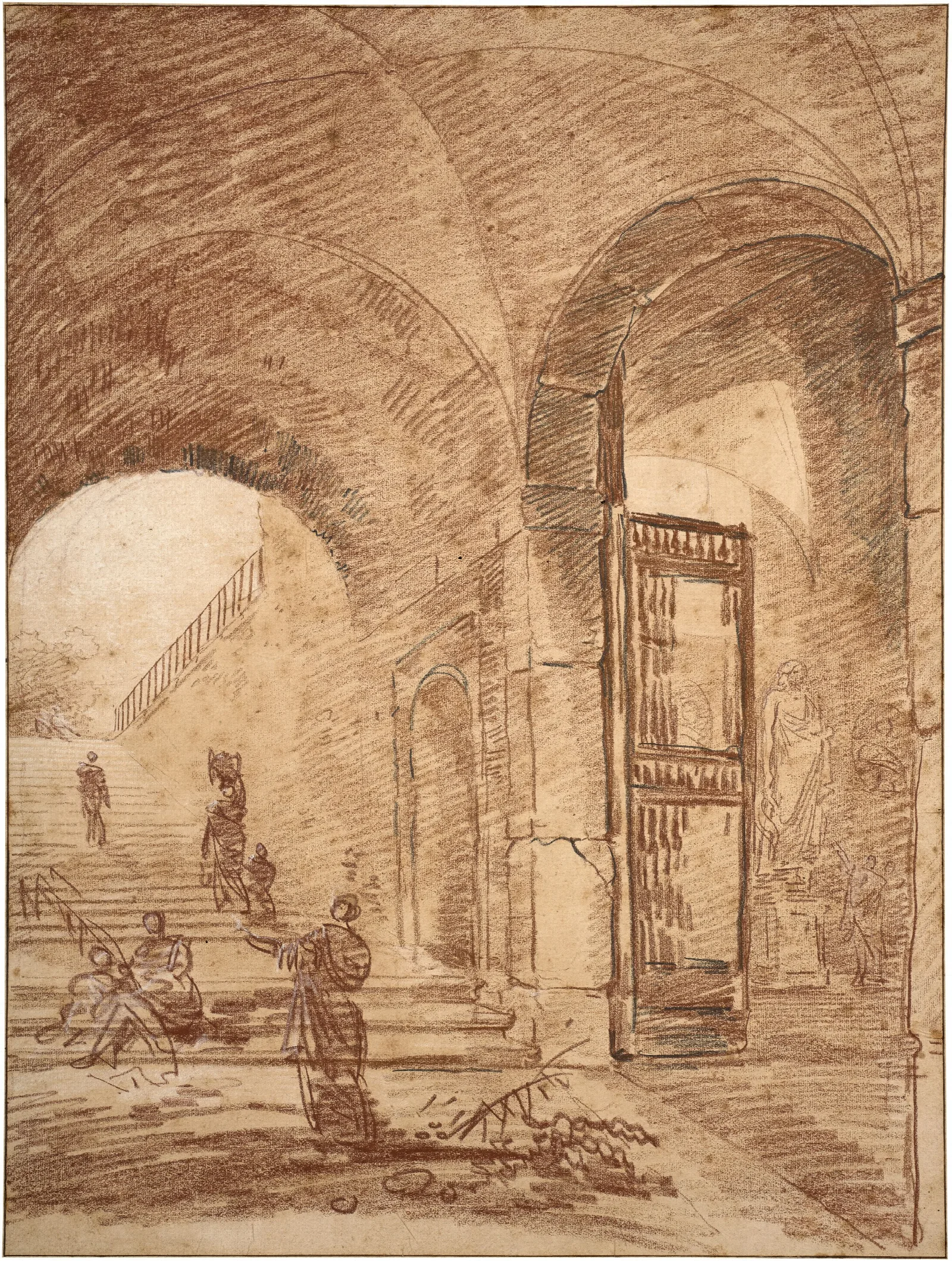 Figures Under Arches Probably Of The Palazzo Corsini Rome Wall Art by Hubert Robert - Canvas Print