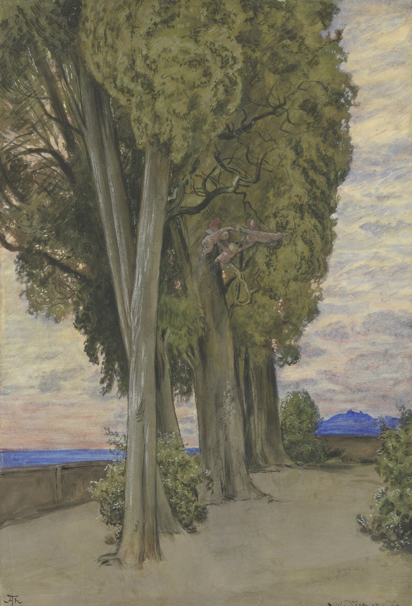 Zypressen In Der Villa Deste Unterhalb Der Baunkronen Ein Reigen Drei Putten Wall Art by Hans Thoma - Canvas Print
