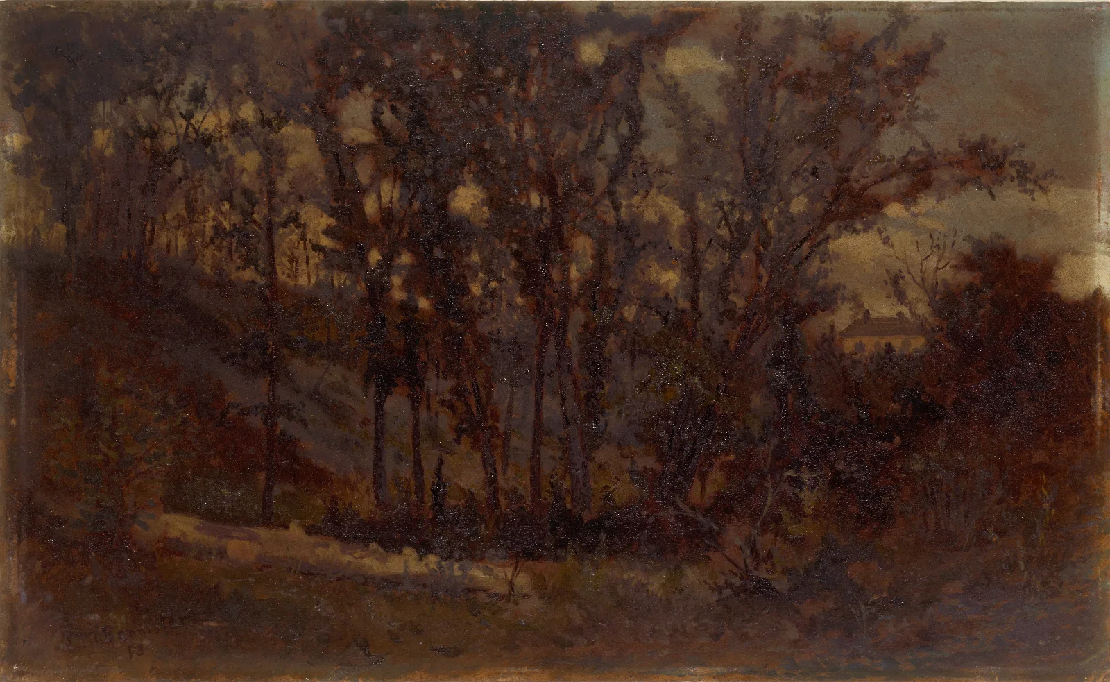 Landscape Forest Scene Fallen Tree In Foreground And House In Background by Edward Mitchell Bannister (1873) Wall Art by Edward Mitchell Bannister - Canvas Print