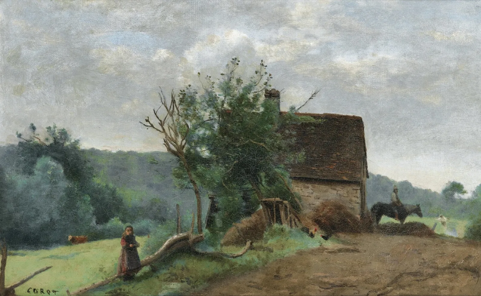 Cour De Ferme Avec Un Cavalier Et Une Petite Fille Au Premier Plan Wall Art by Jean-Baptiste-Camille Corot - Canvas Print