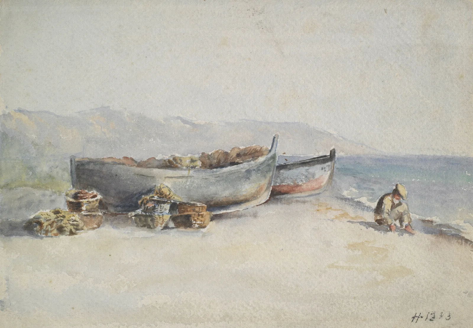 Fishing Boats On The Shore Wall Art by Hercules Brabazon Brabazon - Canvas Print