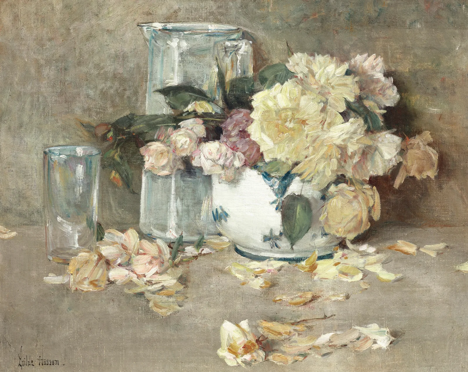 Still Life Of Roses Glass Pitcher And Bowl Wall Art by Childe Hassam - Canvas Print