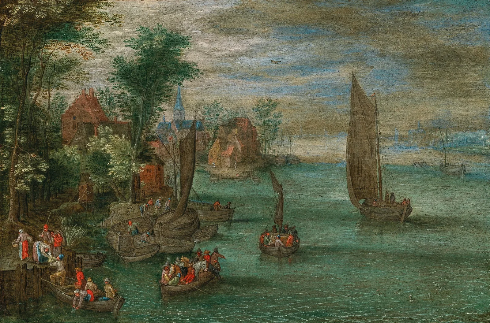 A River Landscape With Ferries And Sailing Boats Wall Art by Jan Brueghel the Younger - Canvas Print
