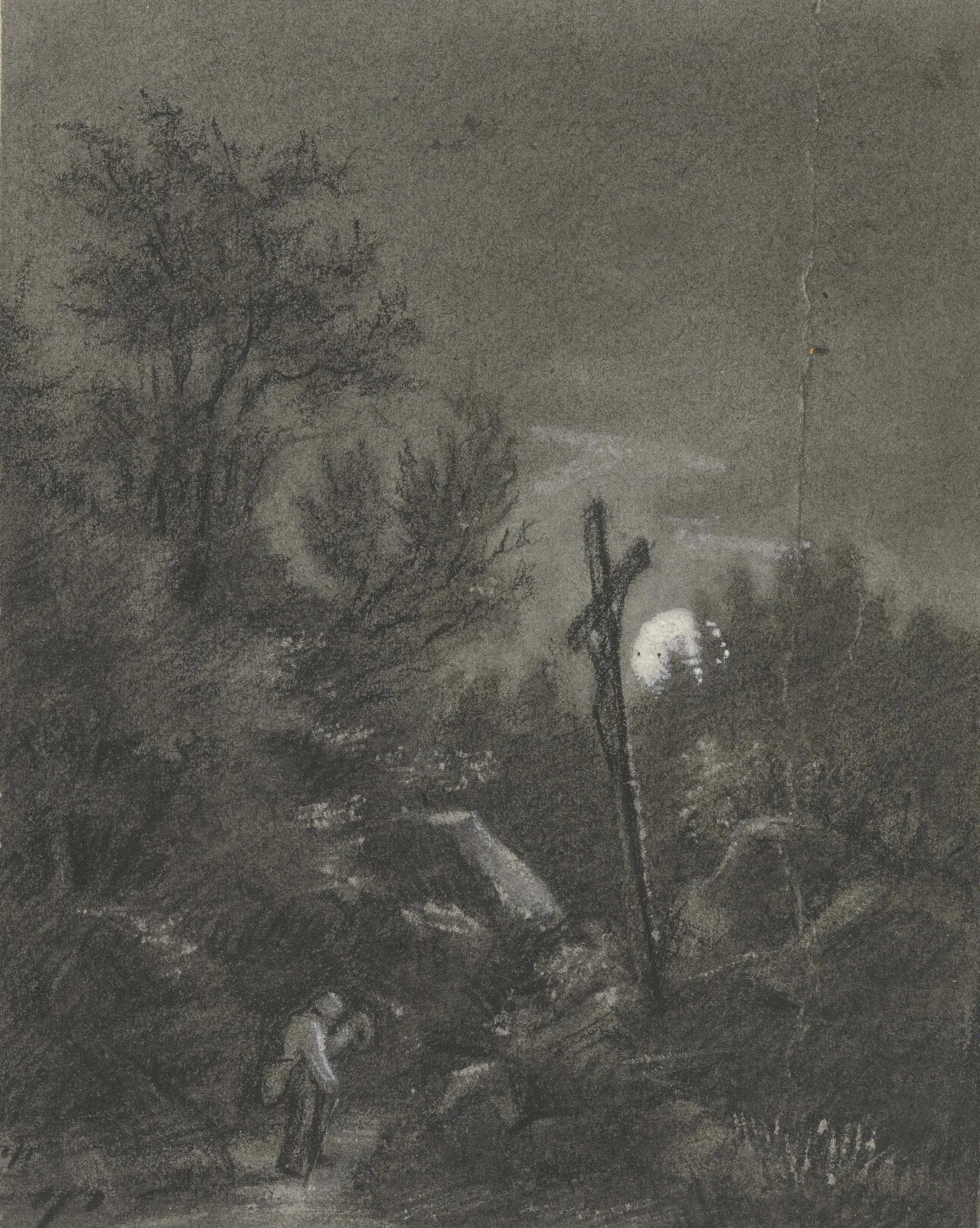 Cross In The Moonlight Wall Art by Hans Thoma - Canvas Print