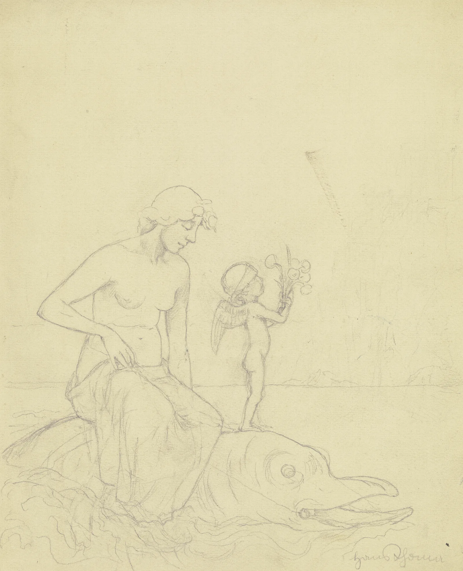 Venus Auf Dem Delphin Madchen Mit Amor Auf Einem Delphin Reitend Wall Art by Hans Thoma - Canvas Print