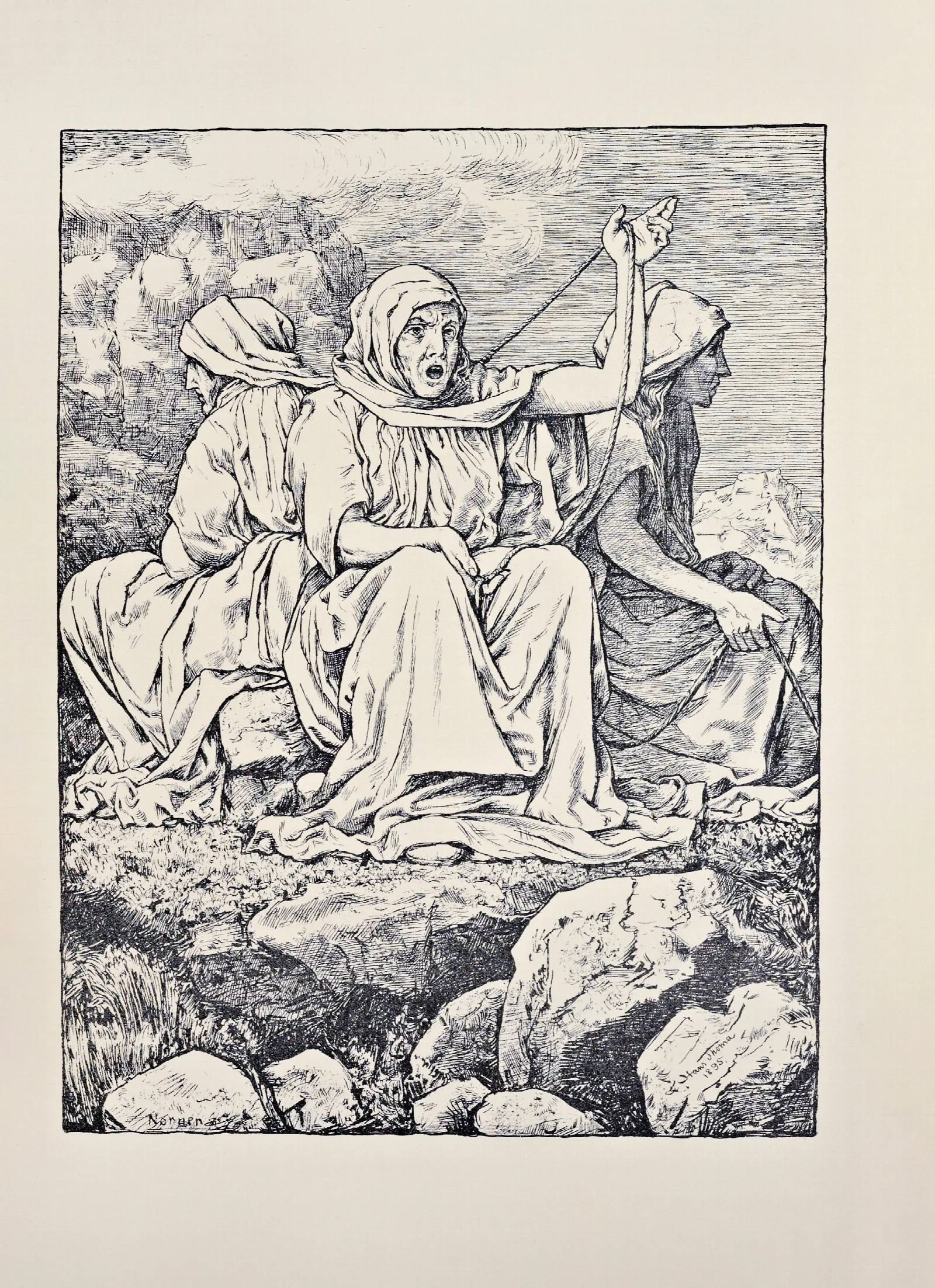 Die Drei Nornen Graue Gewander Wall Art by Hans Thoma - Canvas Print