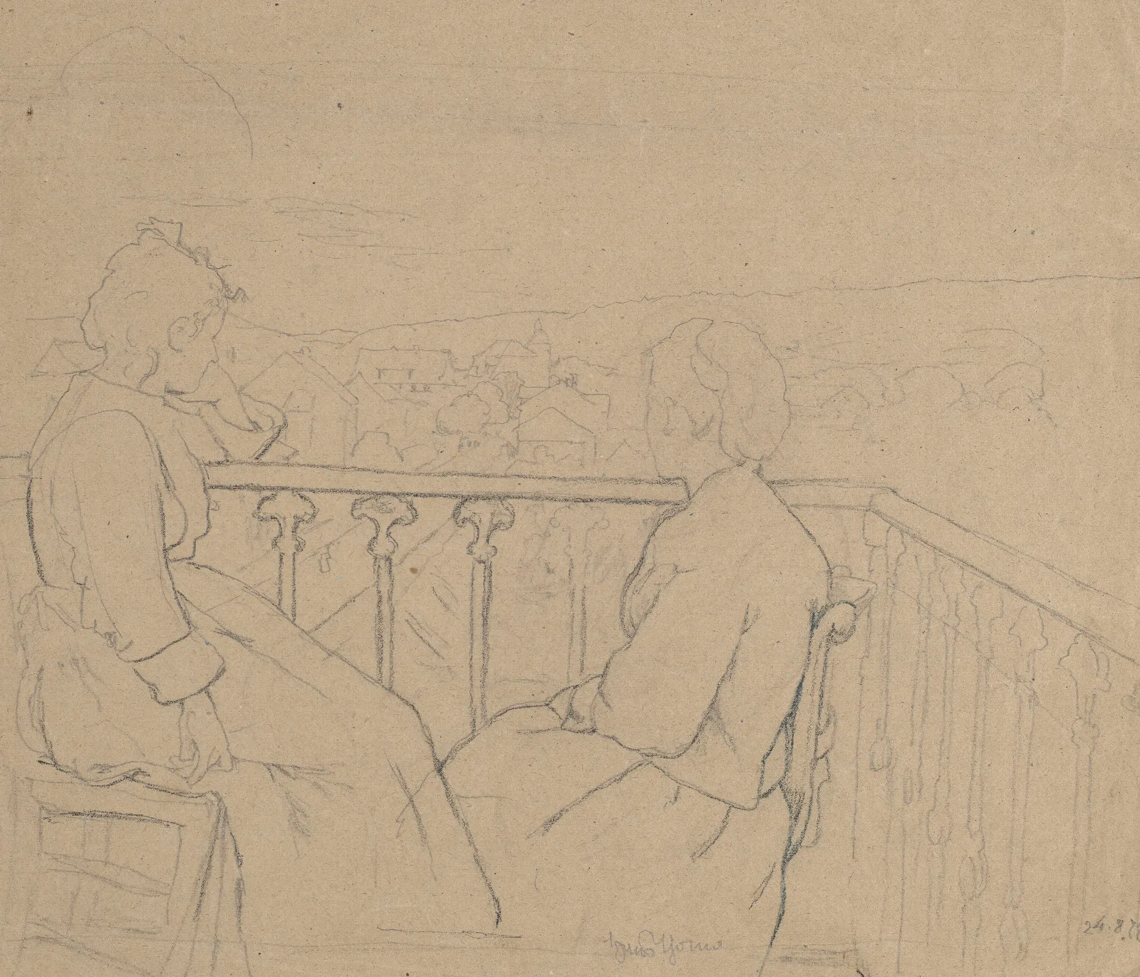 Artists Wife Cella And Sister Agathe Sitting On The Balcony Wall Art by Hans Thoma - Canvas Print