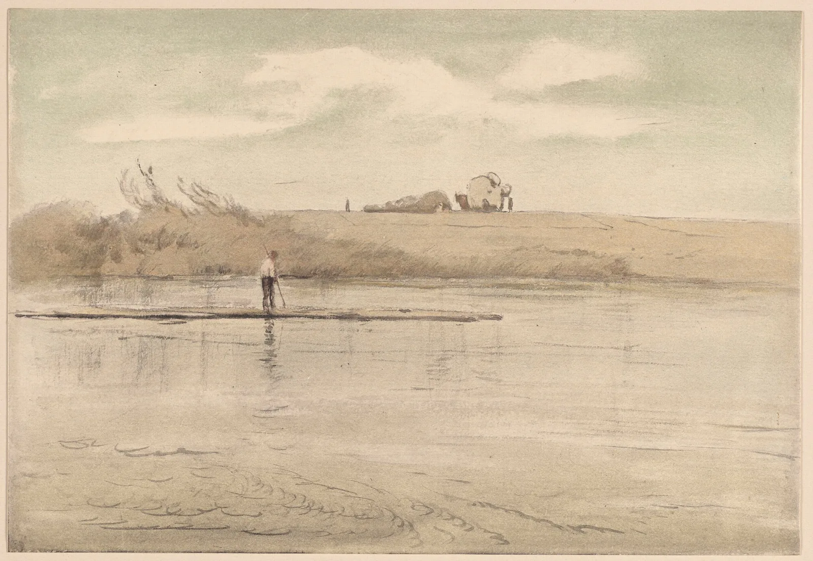 Fisherman On A Raft Cart Of Hay Visible In The Distance On The Shore Of The Lake Wall Art by Hans Thoma - Canvas Print