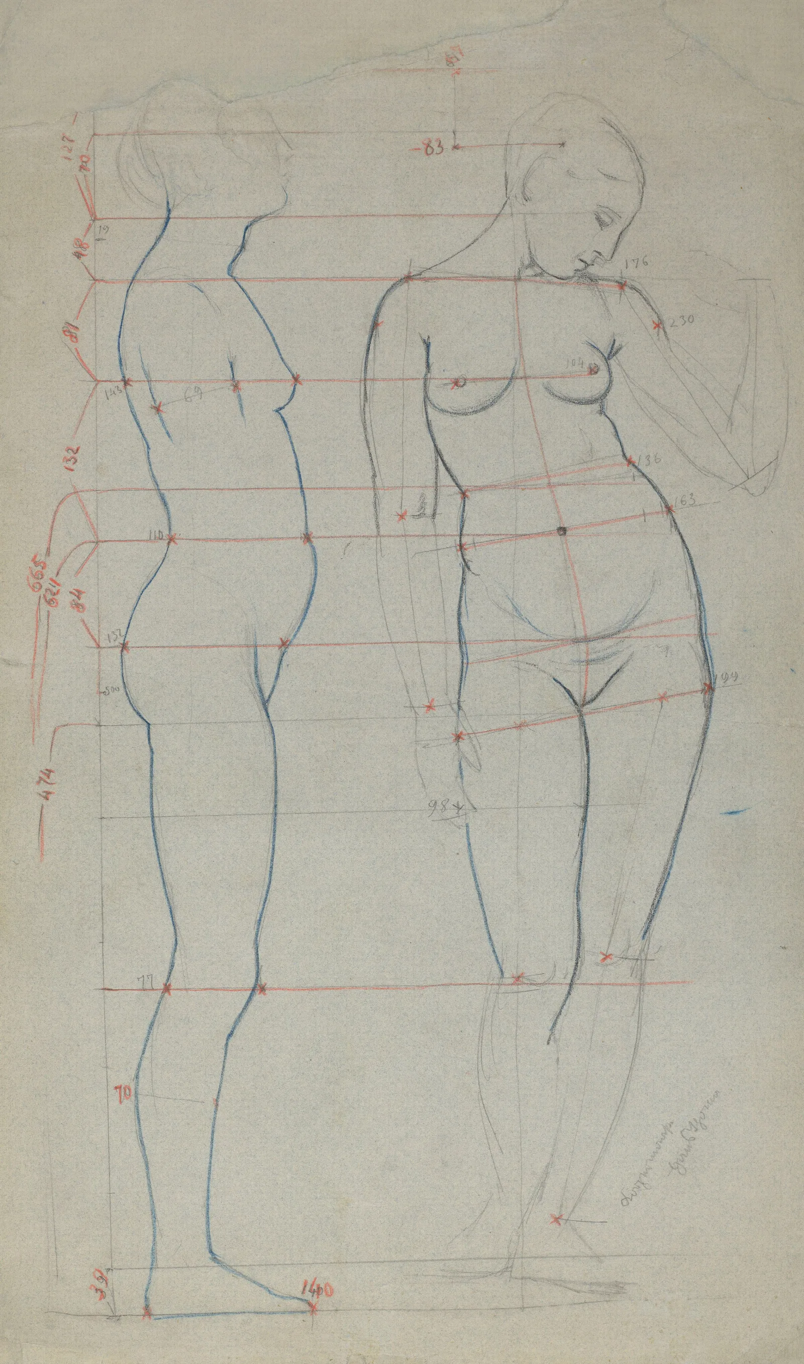 Graph Of Female Nude Proportions As Seen From The Profile And En Face Wall Art by Hans Thoma - Canvas Print