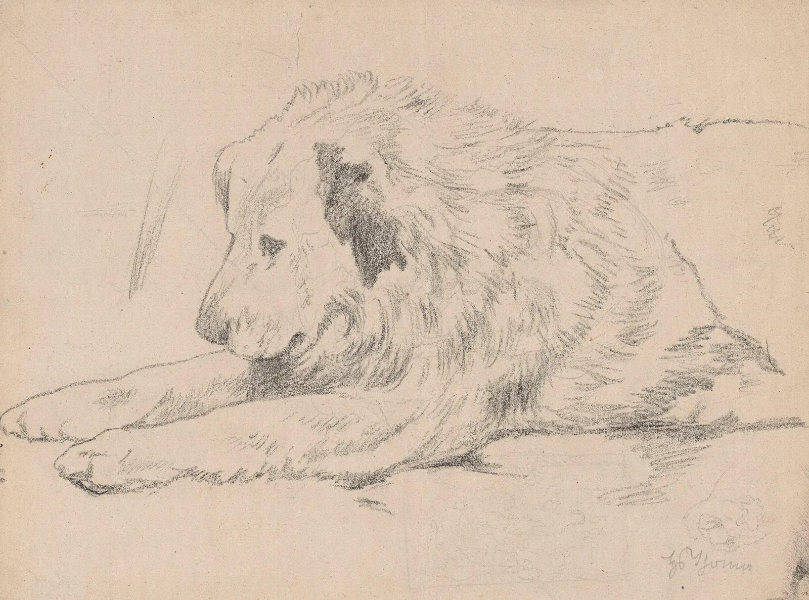 Lying Dog With A Design Of A Multi Figure Composition Below Wall Art by Hans Thoma - Canvas Print