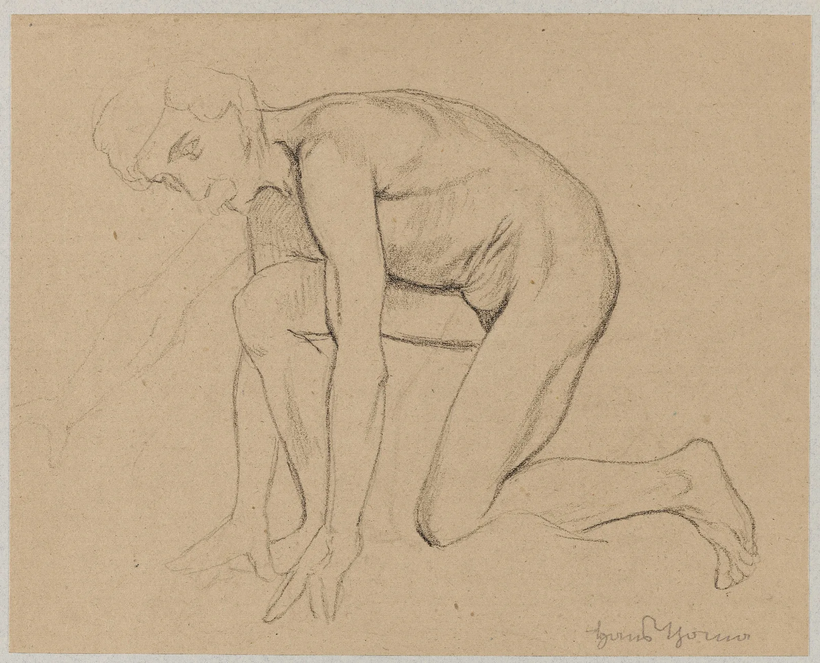 Male Nude With Moustache Kneeling In Profile Wall Art by Hans Thoma - Canvas Print