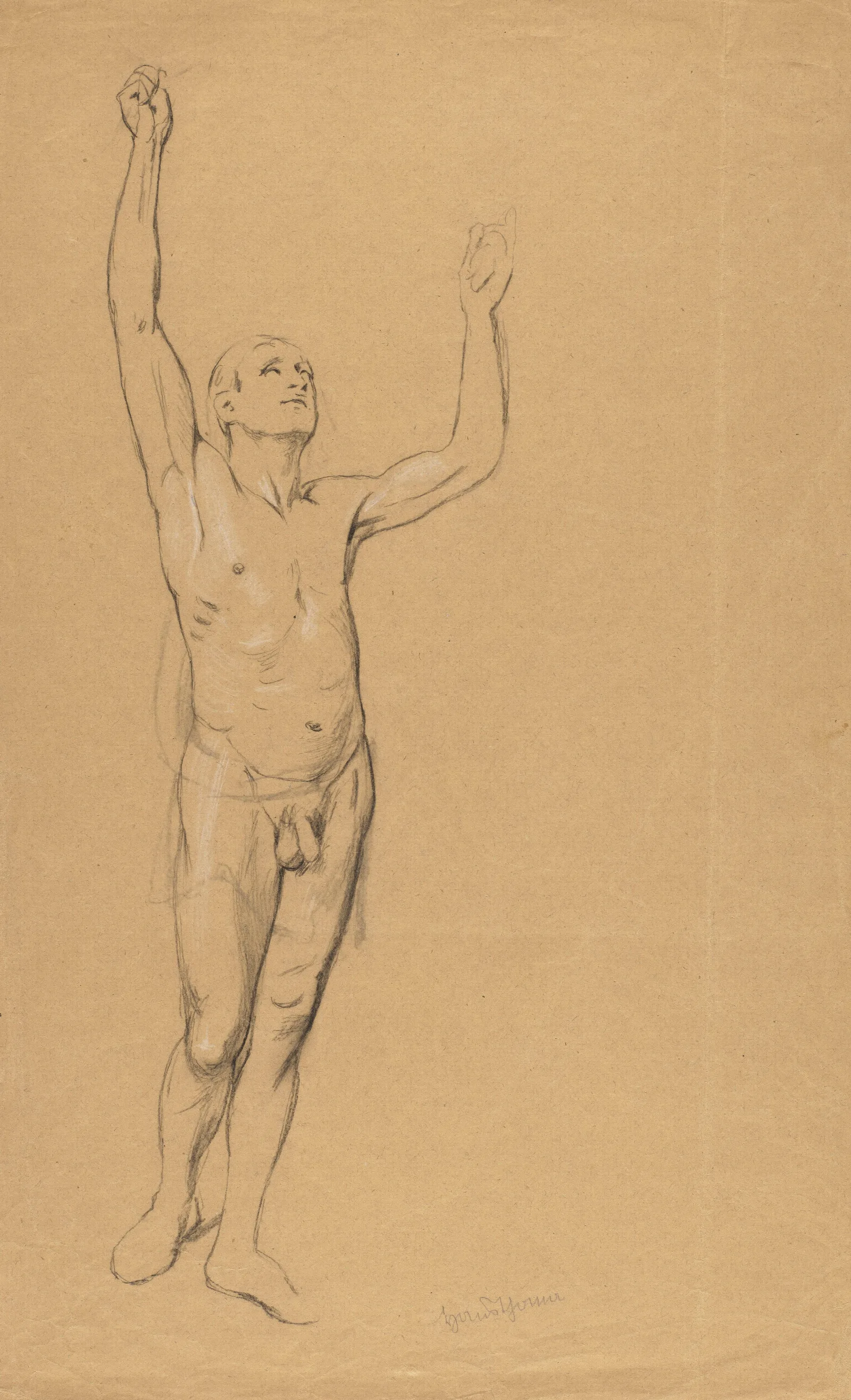 Nude Male With Raised Hands Wall Art by Hans Thoma - Canvas Print