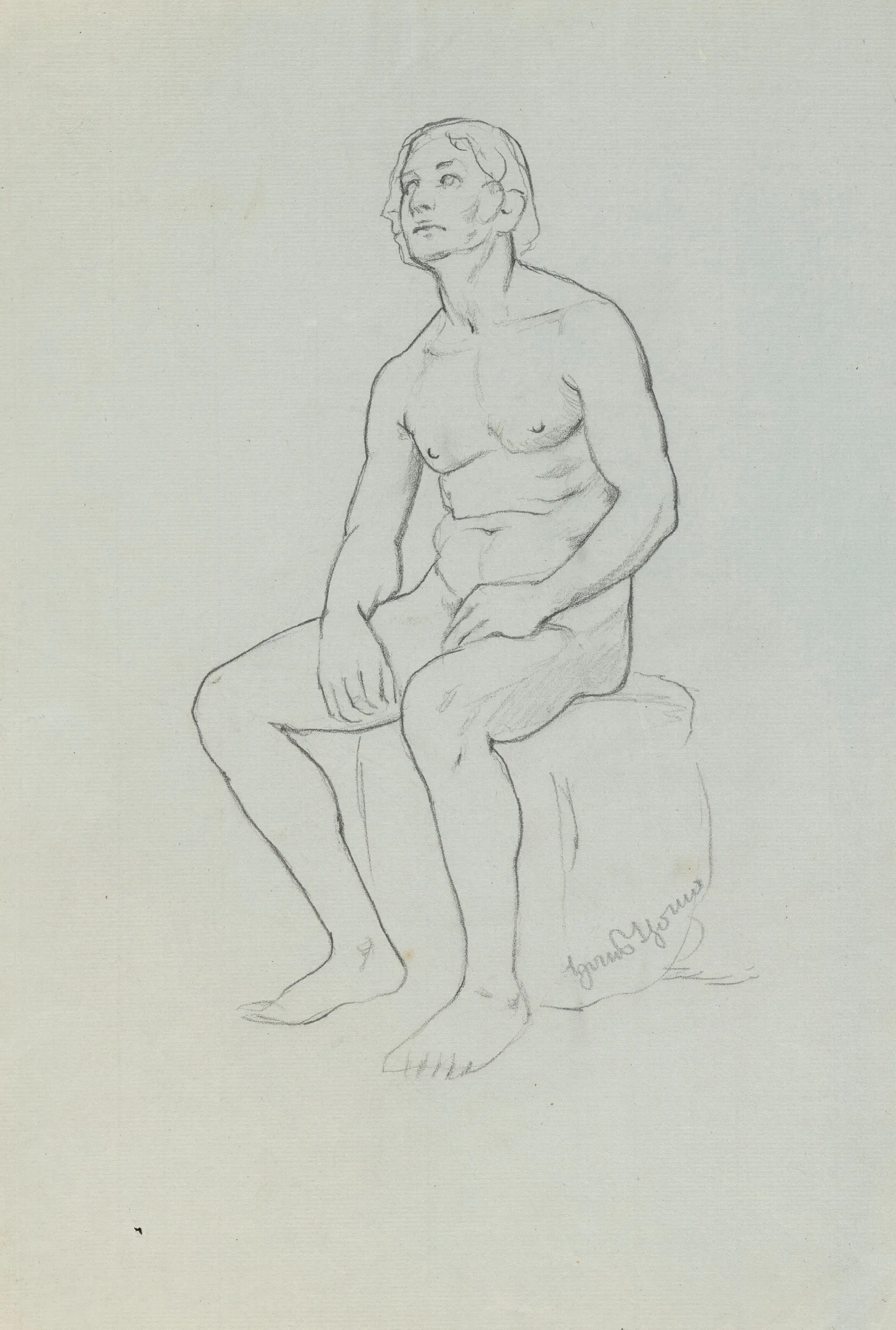 Nude Of A Man Sitting On A Stone Wall Art by Hans Thoma - Canvas Print