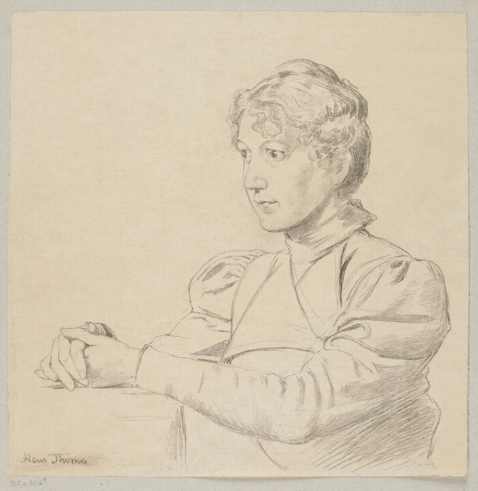 Portrait Of A Young Girl With Her Hands On The Table Depicted From The Waist Up Wall Art by Hans Thoma - Canvas Print