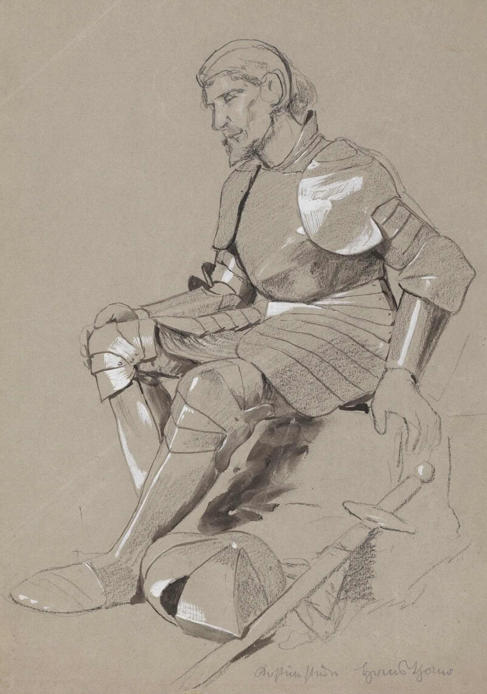 Seated Knight In Armour With A Sword And A Helmet Lying At His Feet Wall Art by Hans Thoma - Canvas Print
