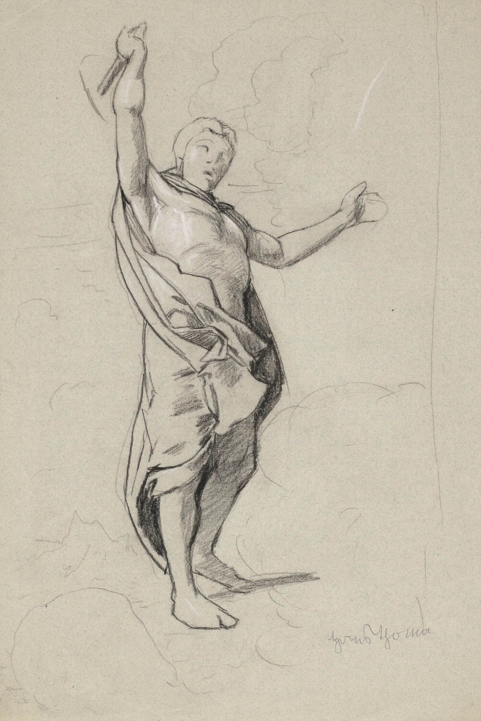 Semi Nude Man Wrapped In A Coat Standing Among The Clouds With A Hammer In His Right Hand Wall Art by Hans Thoma - Canvas Print