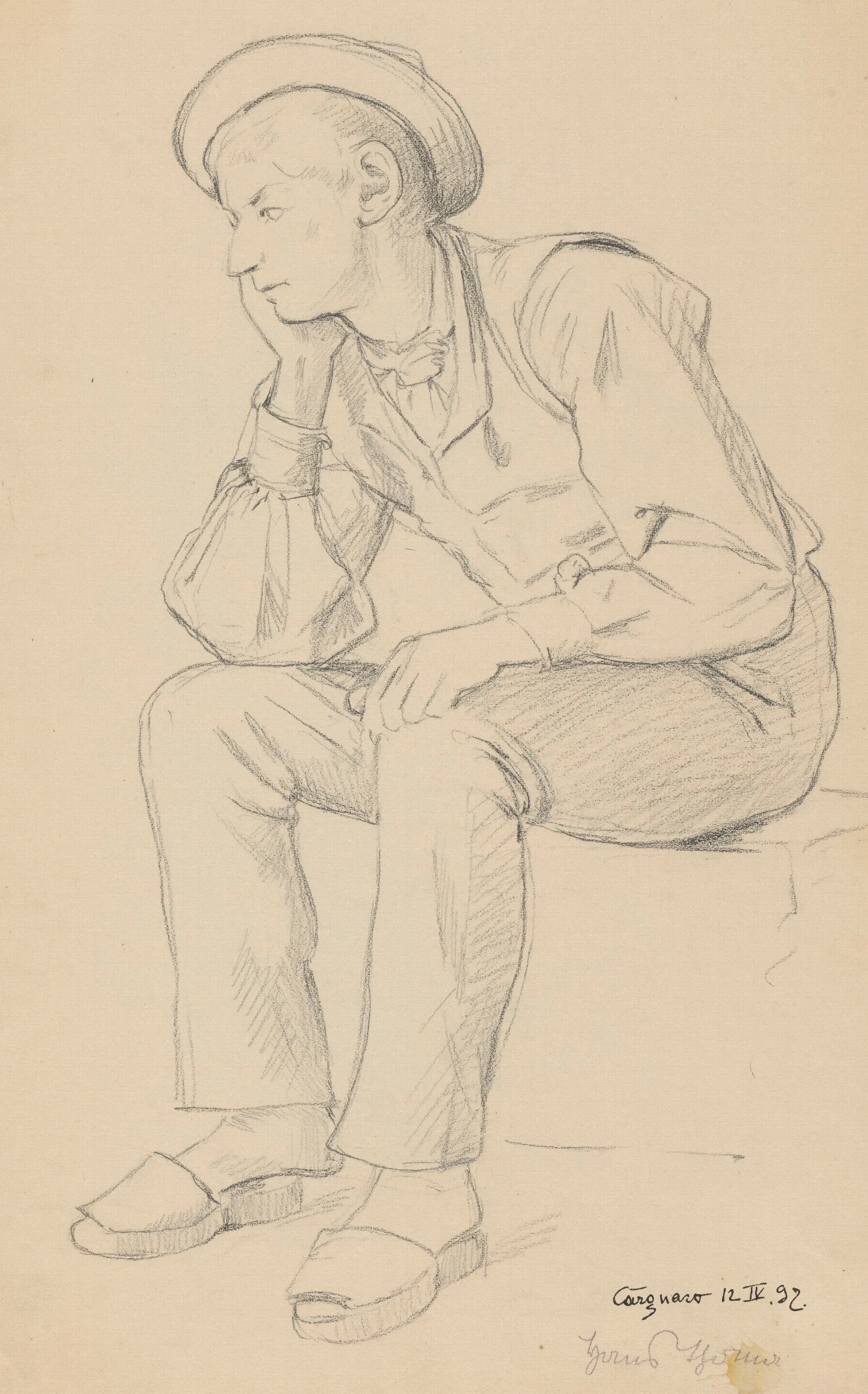 Sitting Italian Boy From The Vicinity Of Cargnaco In A Hat And Clogs Wall Art by Hans Thoma - Canvas Print