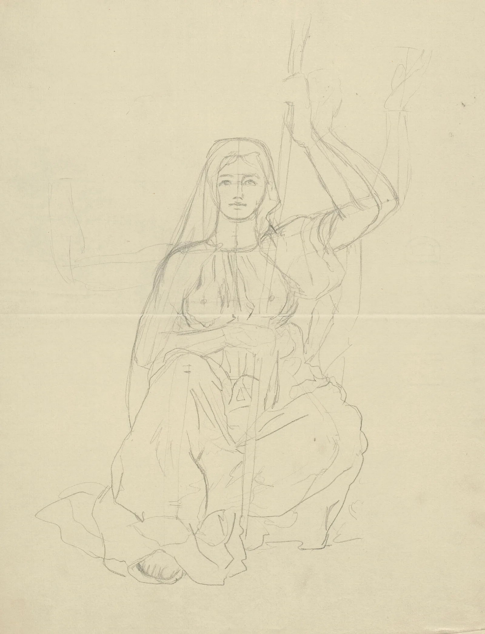 Sitting Woman In A Long Antiquate Robe Holding A Stick In Her Hands Design For A Bookplate Wall Art by Hans Thoma - Canvas Print