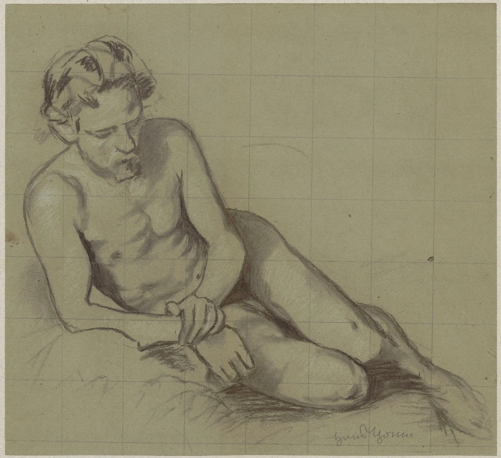 Study Of A Naked Man Lying On His Right Side Wall Art by Hans Thoma - Canvas Print
