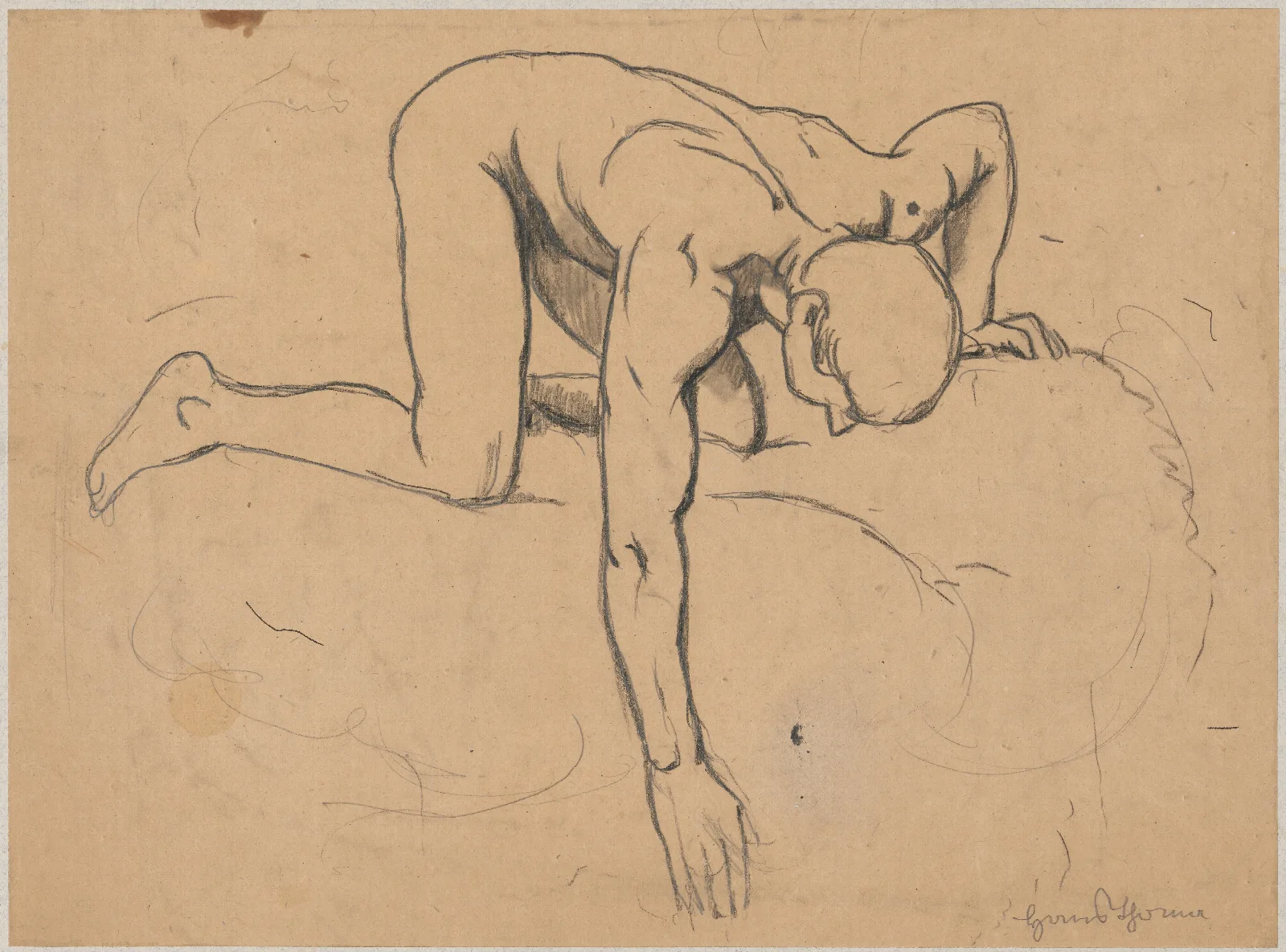 Study Of A Naked Young Man Kneeling By A Spring And Reaching Out For Water With His Right Hand Wall Art by Hans Thoma - Canvas Print
