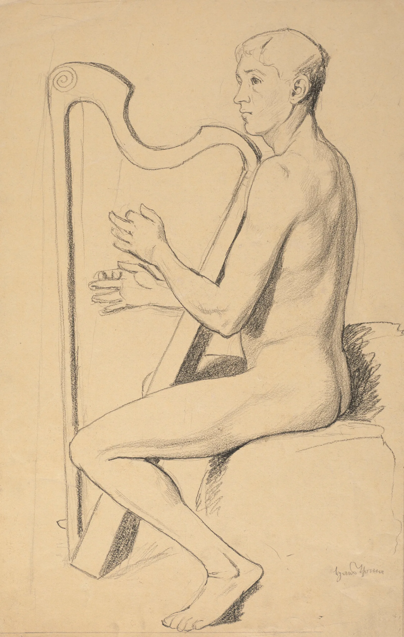 Study Of A Nude Young Man Playing The Harp Wall Art by Hans Thoma - Canvas Print