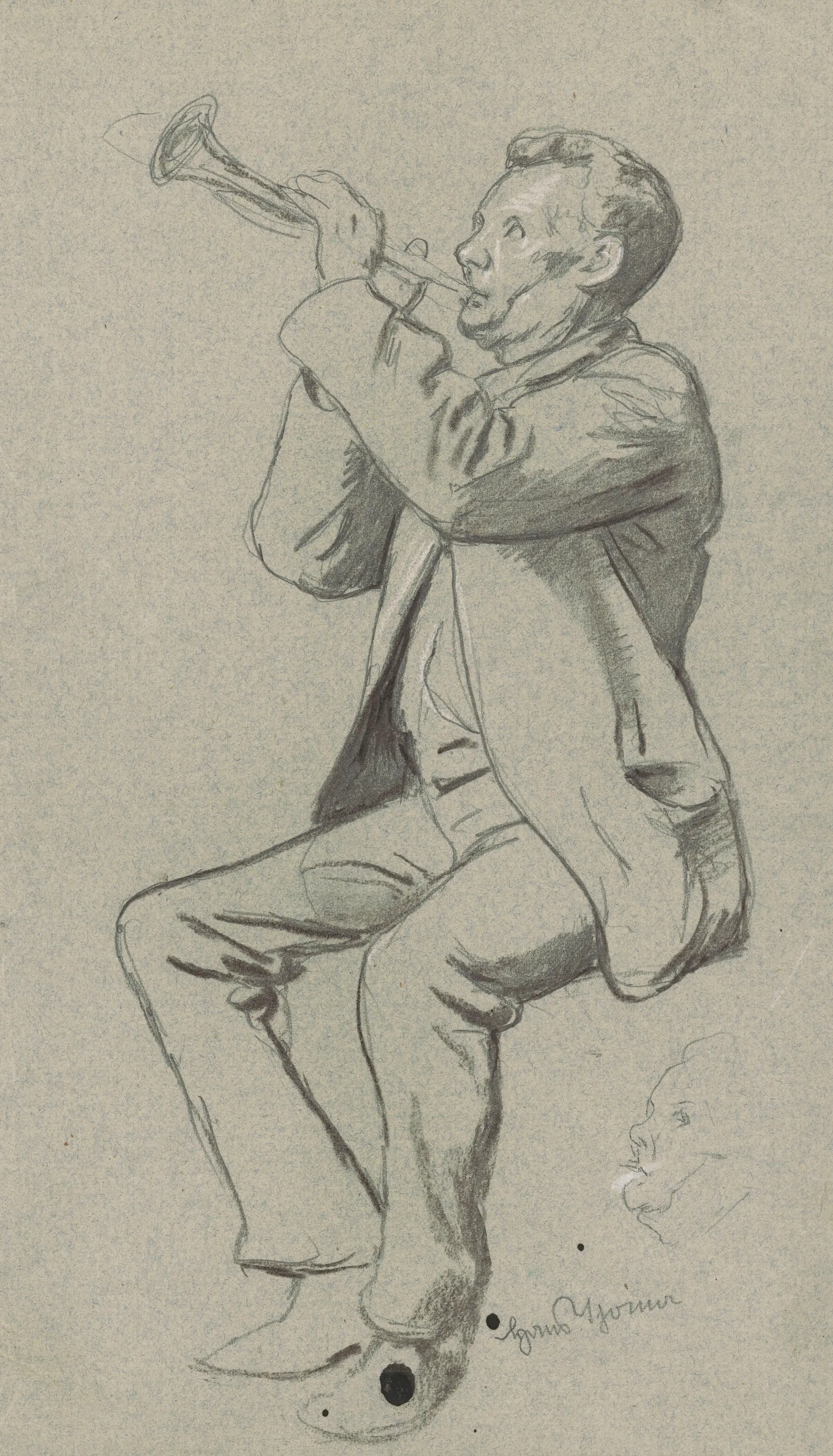 Study Of A Sitting Man Playing The Trumpet In The Bottom Repetition Of The Mans Head Wall Art by Hans Thoma - Canvas Print