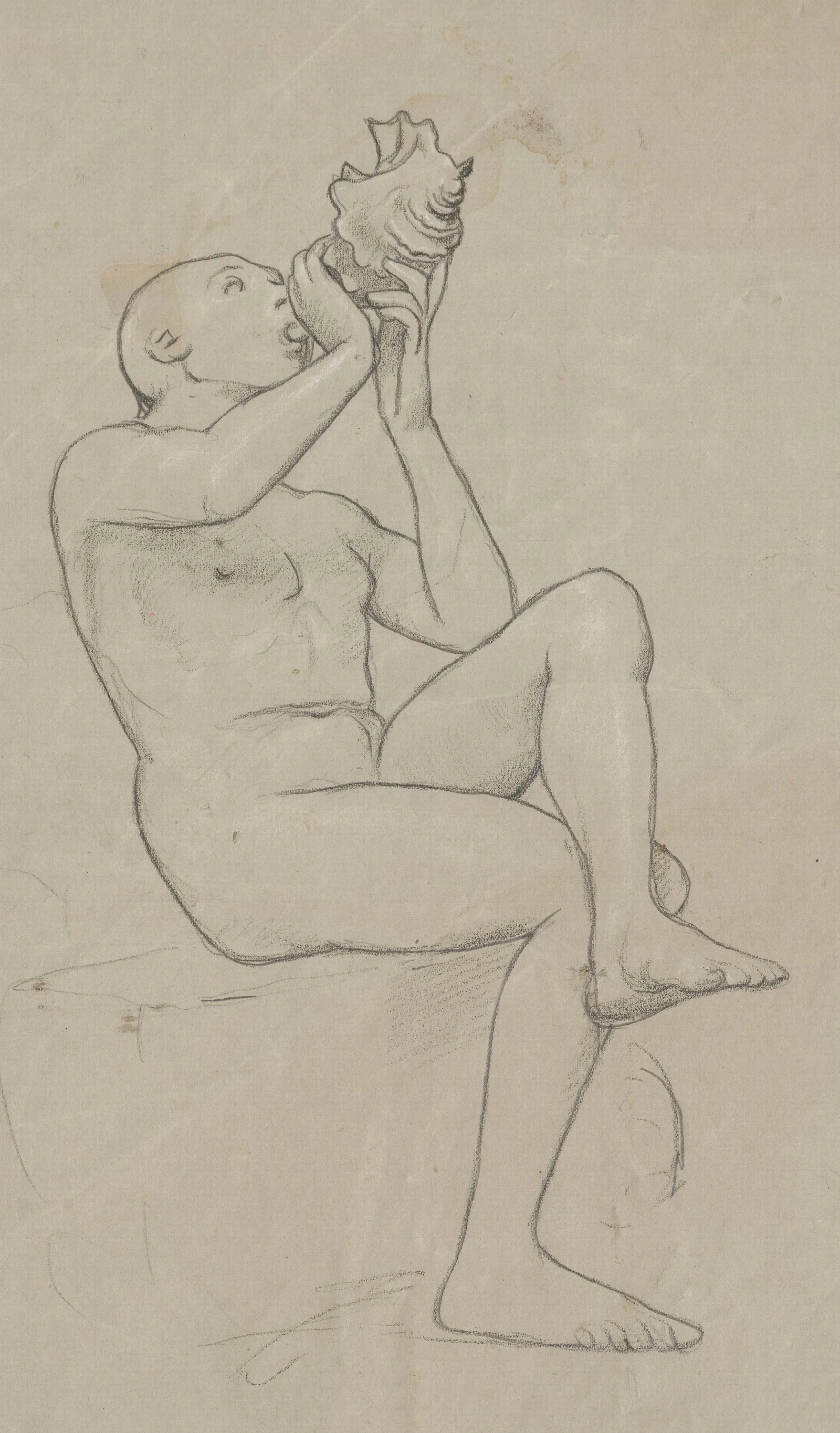 Study Of A Sitting Naked Man With His Legs Crossed Blowing A Shell Wall Art by Hans Thoma - Canvas Print