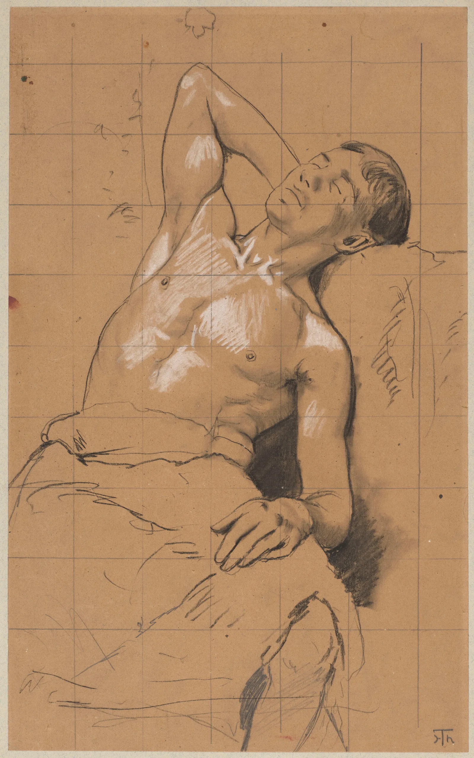 Study Of A Sleeping Young Man Semi Nude Seated Wall Art by Hans Thoma - Canvas Print