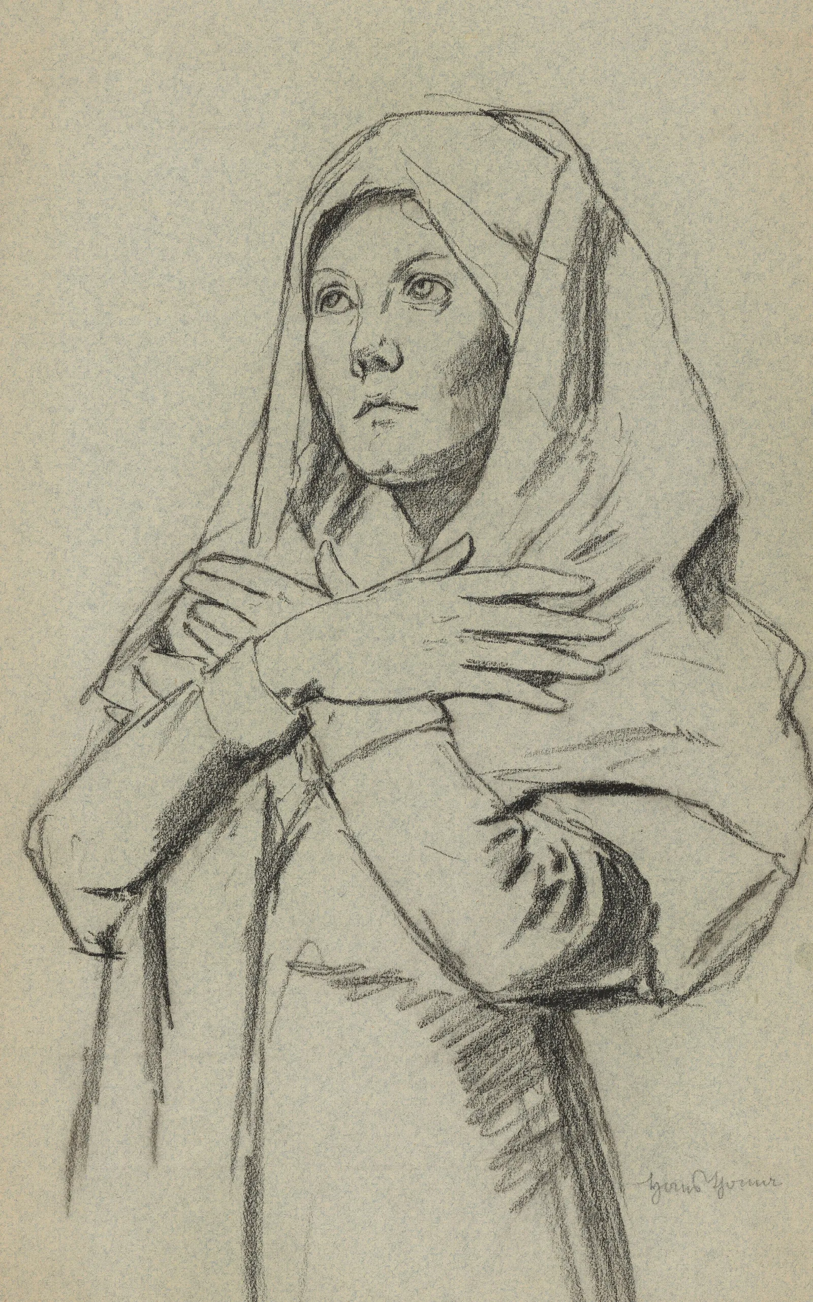 Study Of A Young Woman In A Long Shawl With Her Arms Crossed On Her Chest Wall Art by Hans Thoma - Canvas Print