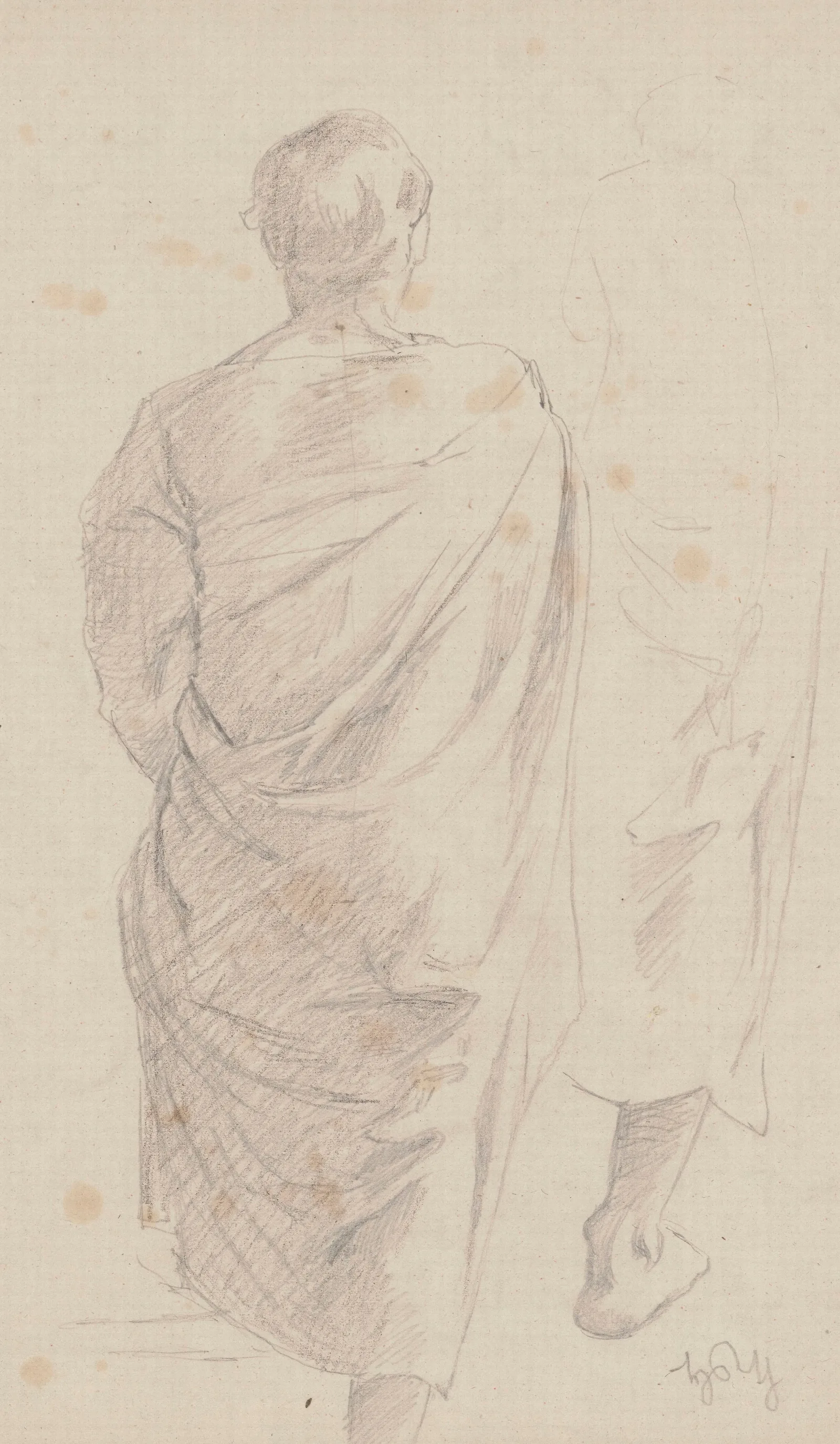 Study Of The Figure Of A Young Man In A Robe Draped On His Right Arm Depicted From The Back Sketch Of A Fragment Of Drapery And Right Leg Wall Art by Hans Thoma - Canvas Print