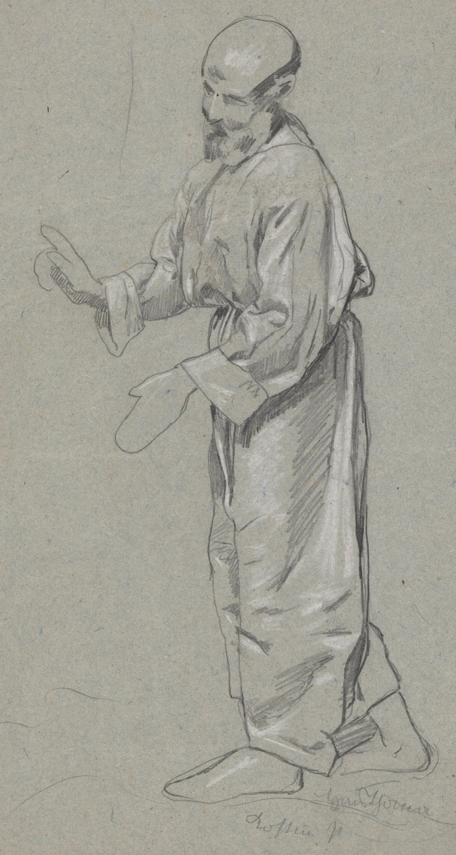 Study Of The Figure Of An Old Man In A Long Robe Gesturing For Attention With His Right Hand Walking Ahead Wall Art by Hans Thoma - Canvas Print