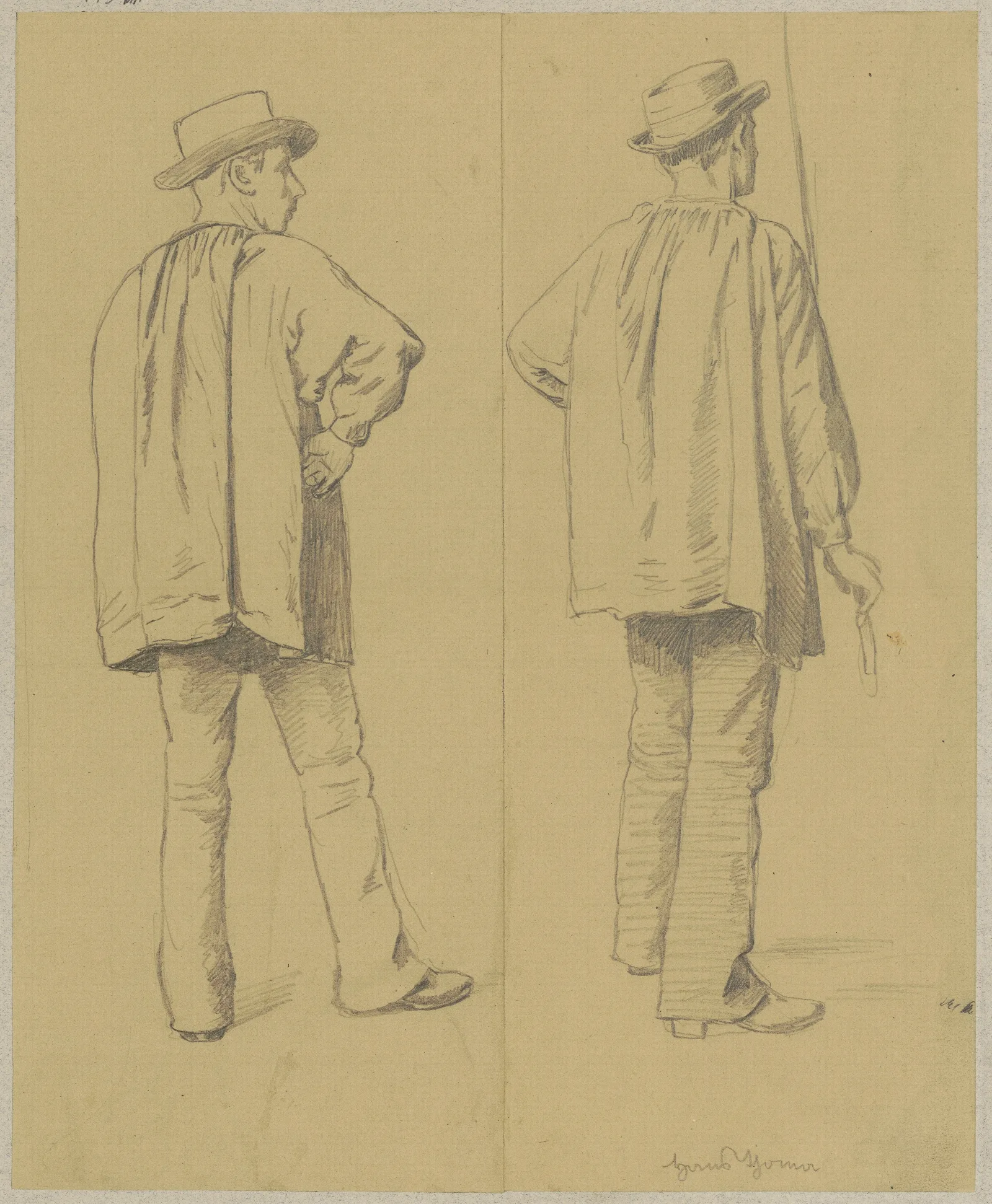 Two Studies Of Men In Loose Shirts And Hats Depicted From The Back Wall Art by Hans Thoma - Canvas Print