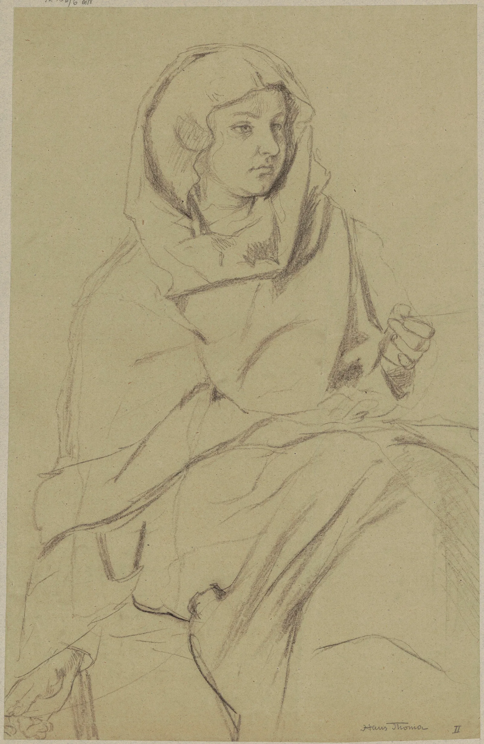 Woman In A Strongly Creased Robe And A Scarf On Her Head Spinning A Thread Wall Art by Hans Thoma - Canvas Print